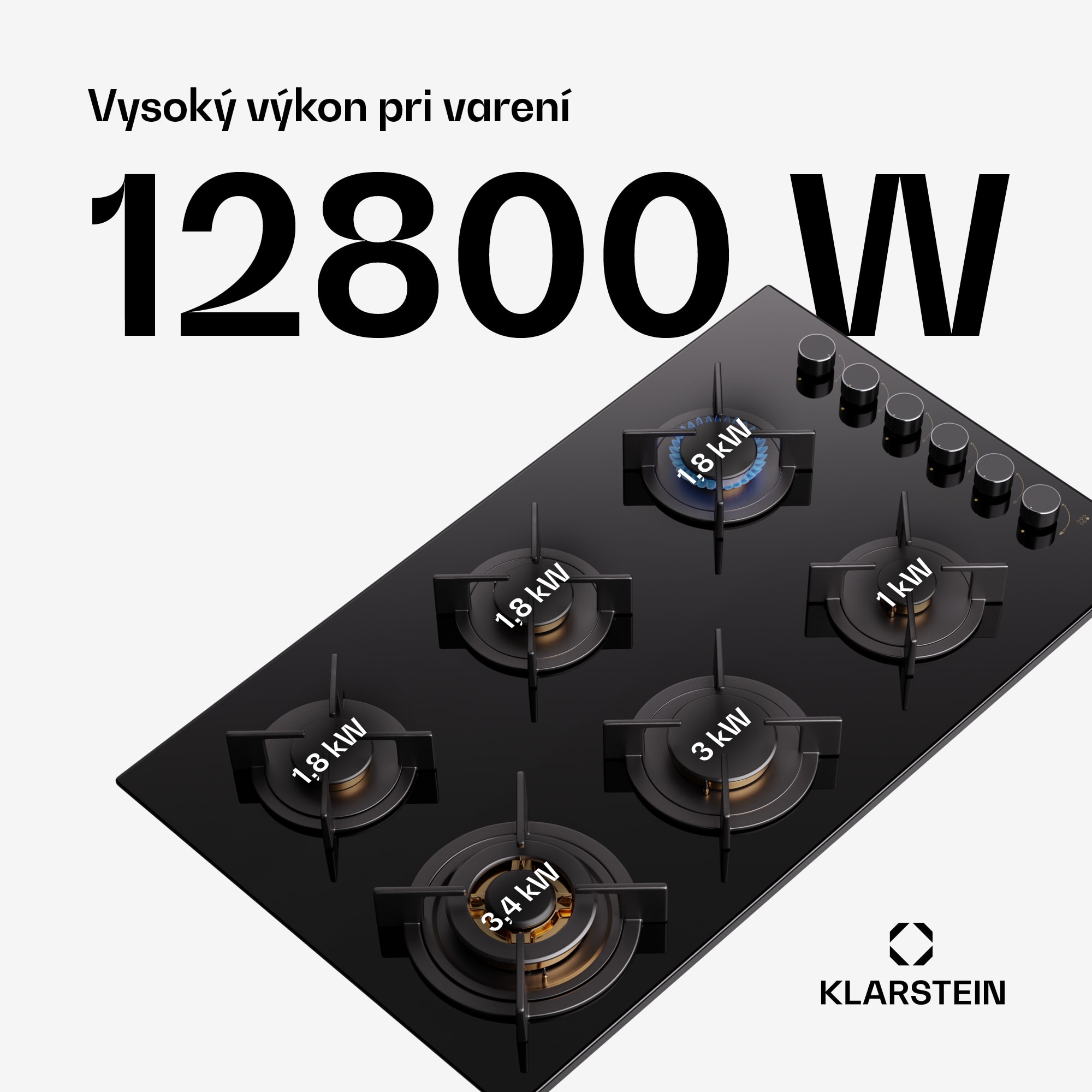 Klarstein Goldflame 6, plynová varná doska, sebestačná, 6 horákov, bočné ovládanie, plyn/propán, sklokeramika, čierna – Obrázok 2