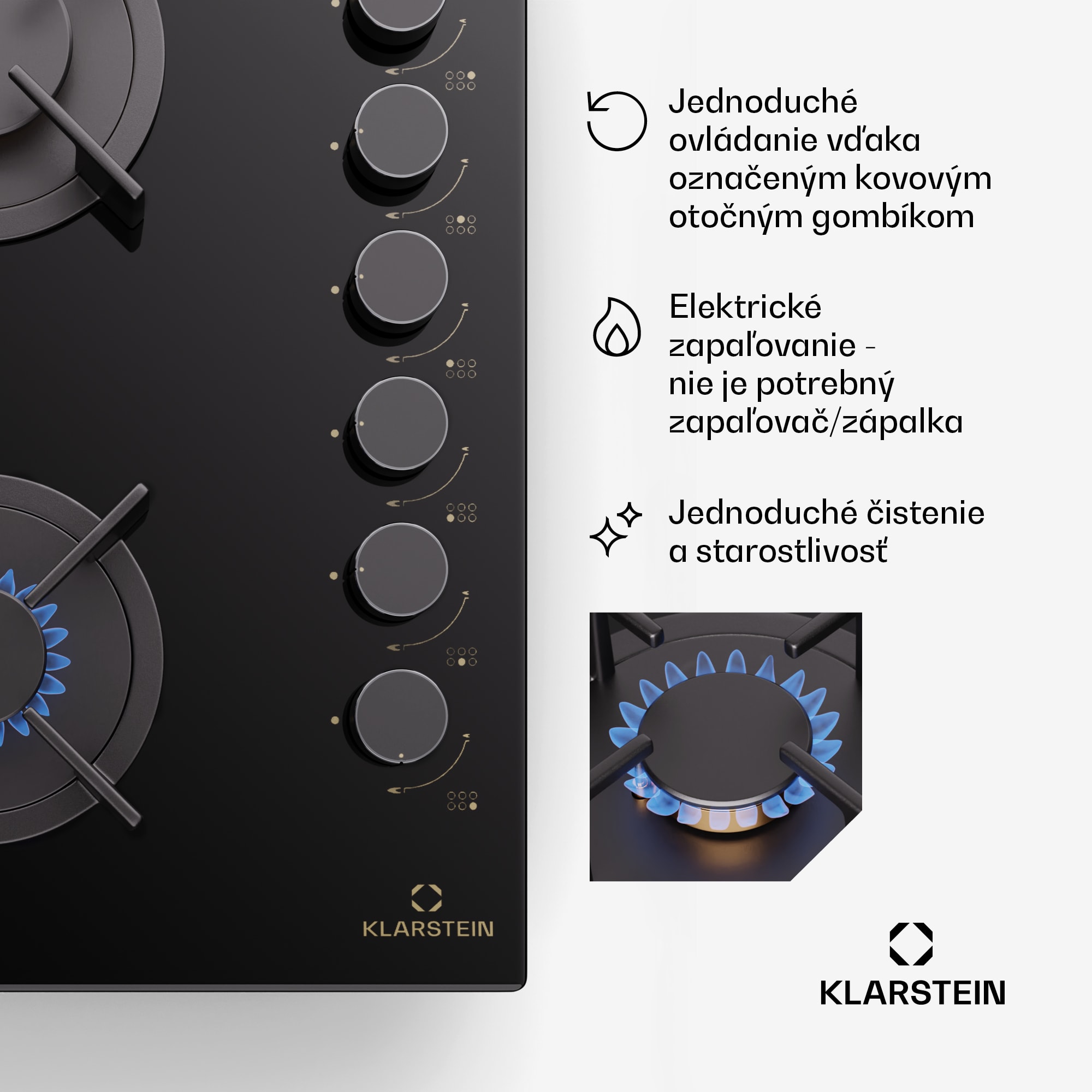 Klarstein Goldflame 6, plynová varná doska, sebestačná, 6 horákov, bočné ovládanie, plyn/propán, sklokeramika, čierna – Obrázok 5