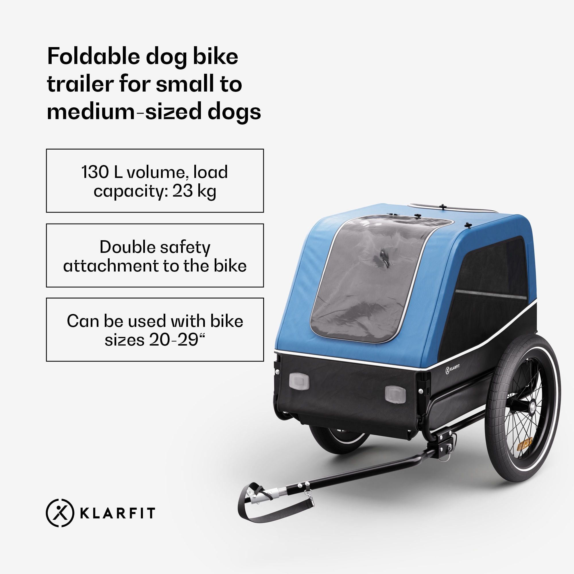 KLARFIT Goldie S, príves na bicykel pre psov, 130 l, pre malé/stredne veľké psy, polyesterová sieťovina, kryty okien – Obrázok 2