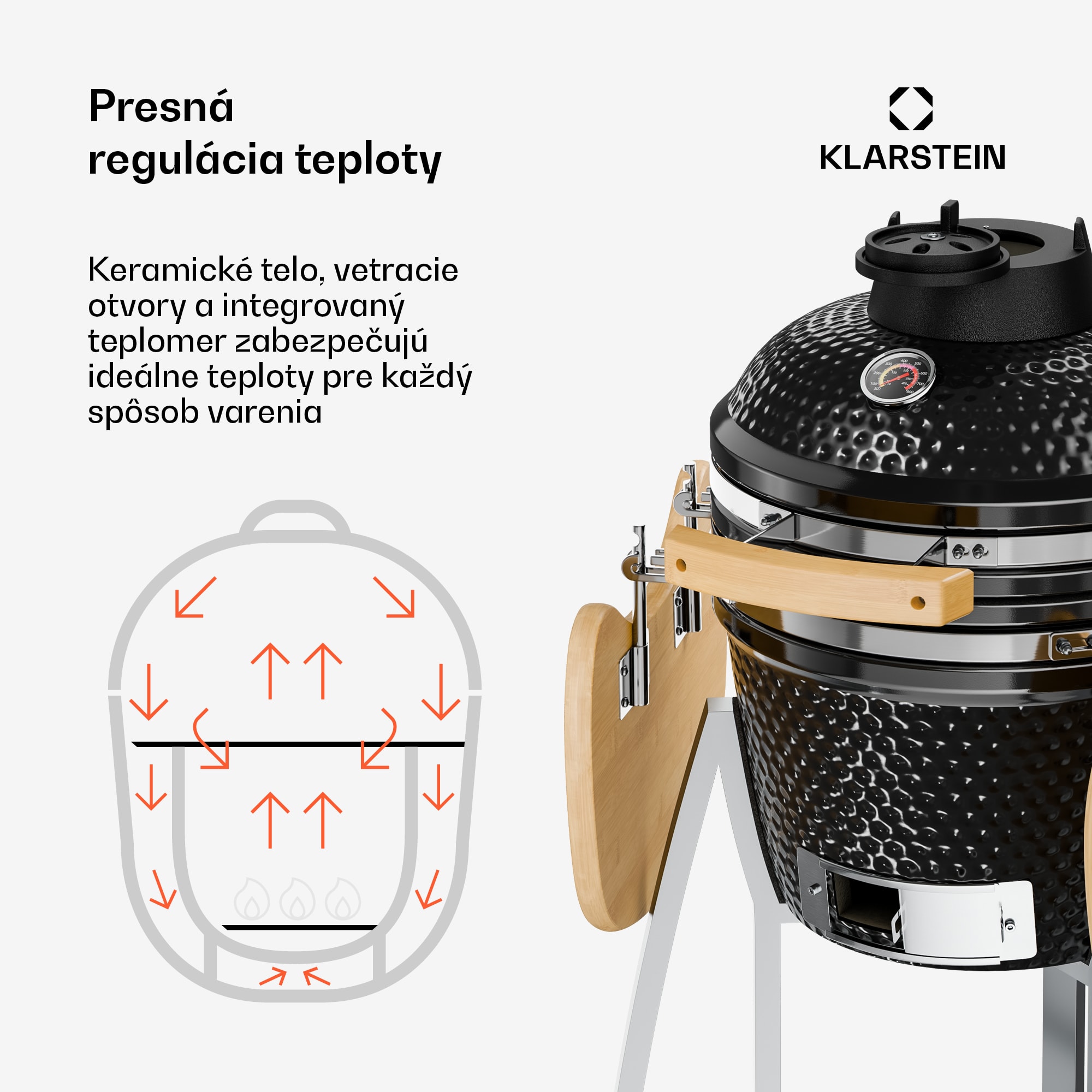 Klarstein Queensize, kamado gril, teplomer, odnímateľné bočné diely, čierny – Obrázok 4