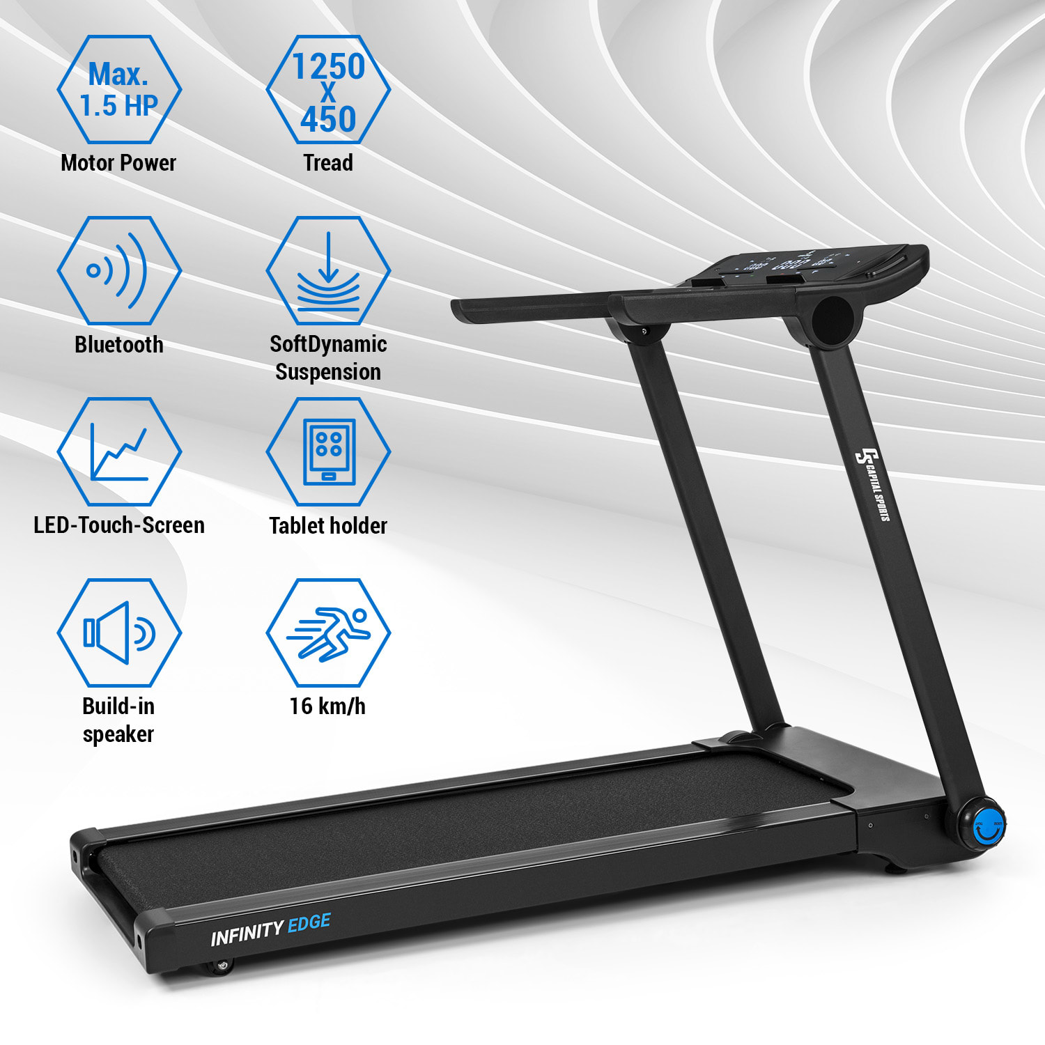 Capital Sports Infinity Edge, bežecký pás, 1,5 HP, Bluetooth, LED dotykový displej – Obrázok 2