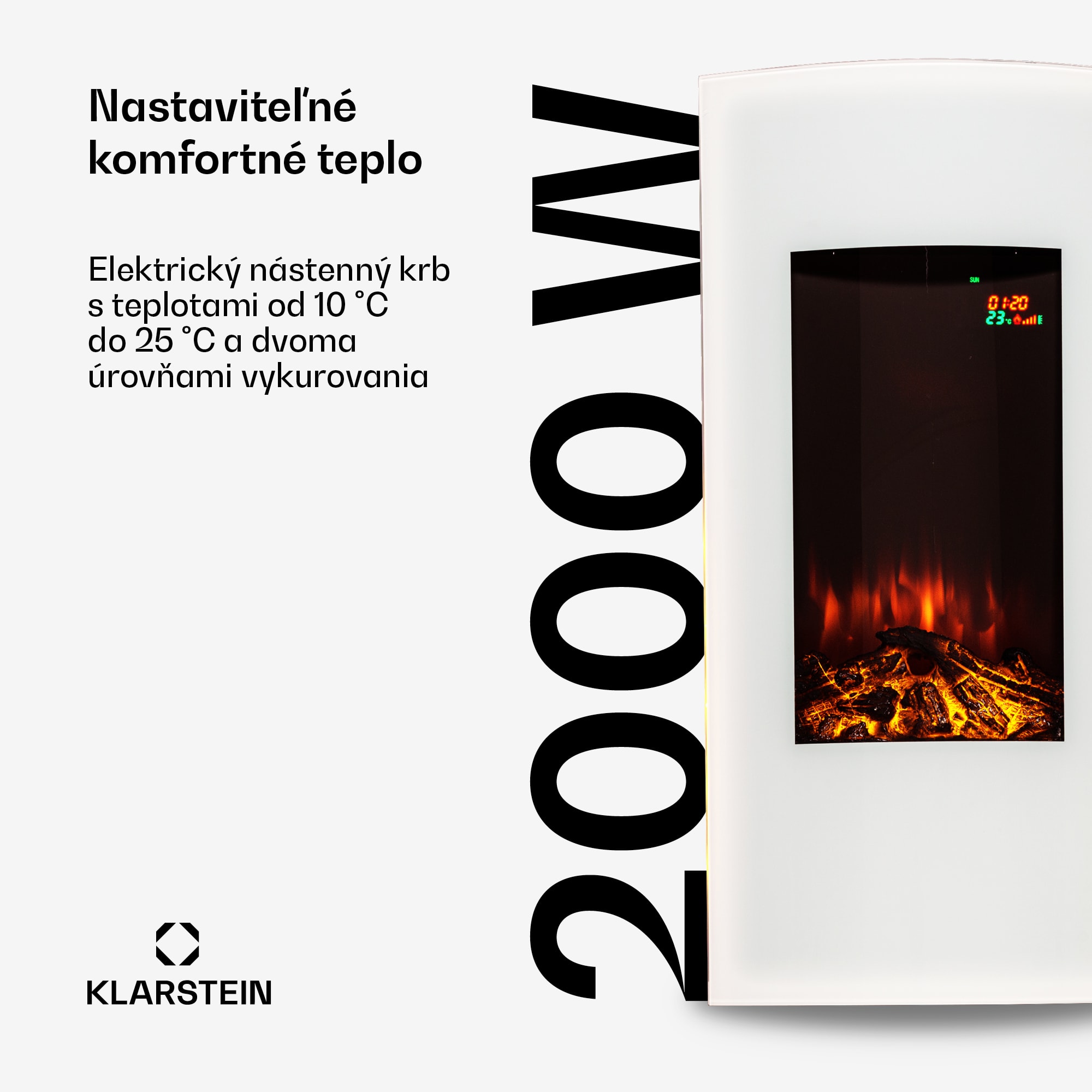 Klarstein Lamington, elektrický krb, 2000 W, LED plameň, teplovzdušný ohrievač, časovač, osvetlenie – Obrázok 2