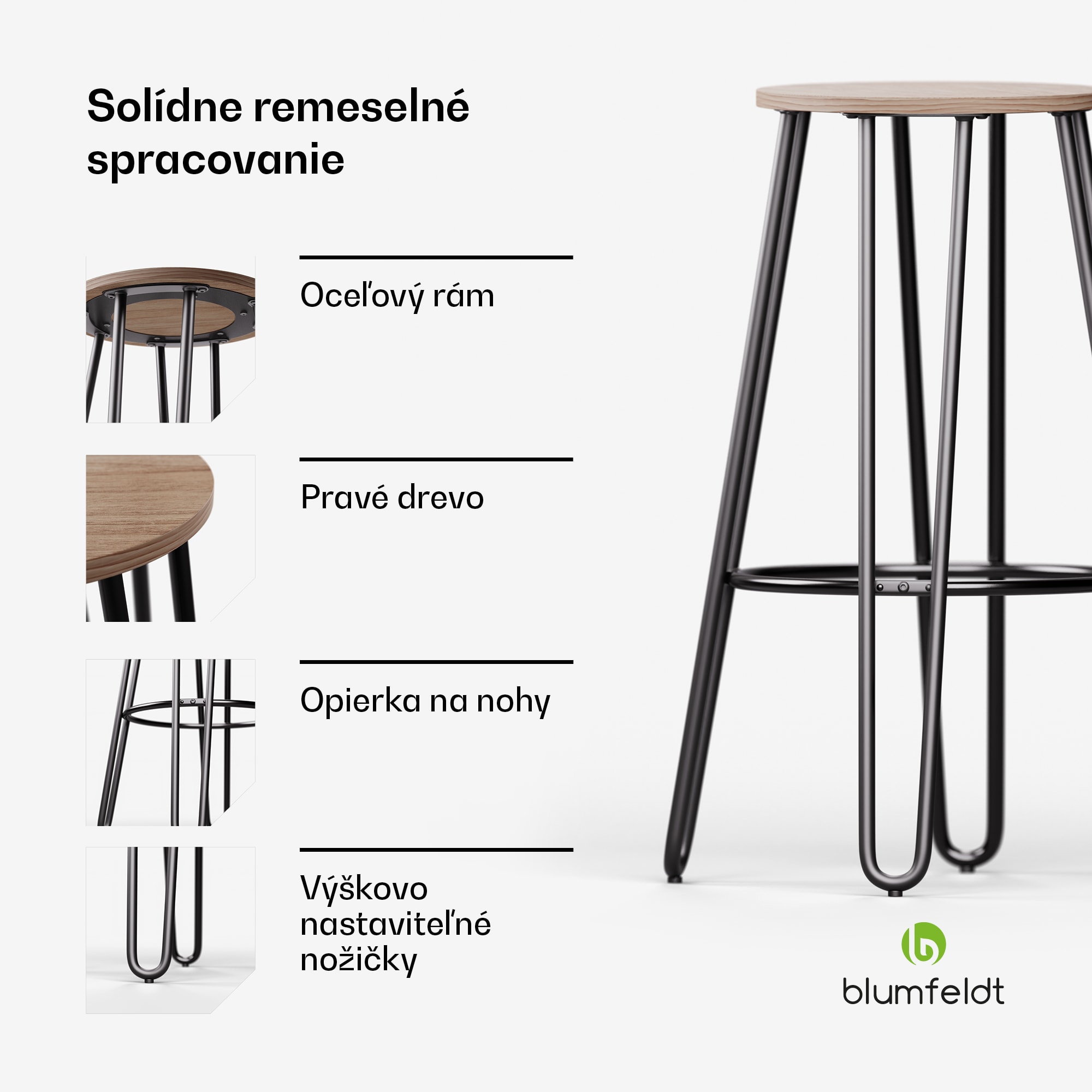 Blumfeldt Bistro stolička Hamilton 1 ks. Ø33cm Drevený oceľový rám – Obrázok 4