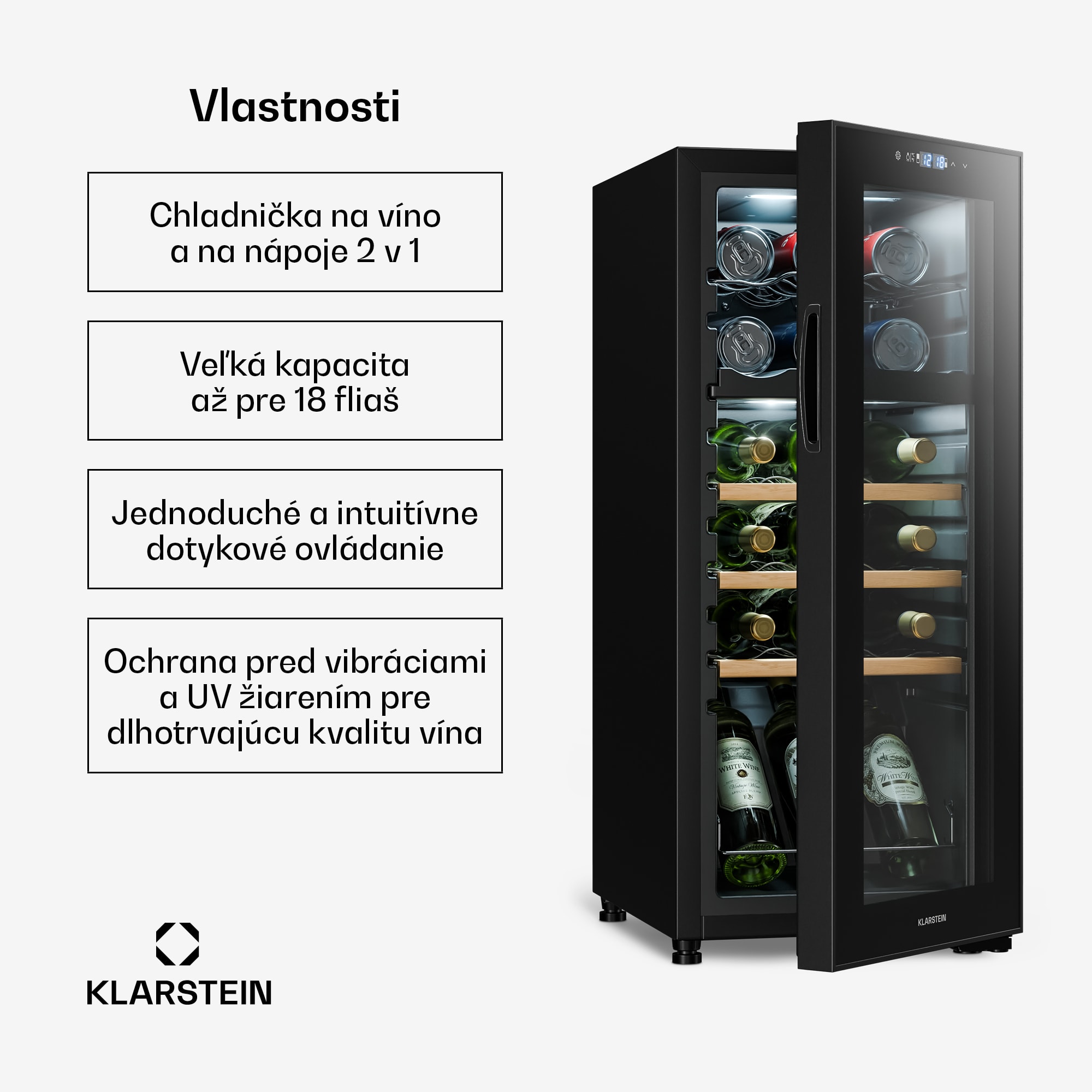 Klarstein Bovella 18 Duo+, dvojzónová vinotéka, 50 l, 18 fliaš, sklenené dvierka – Obrázok 2