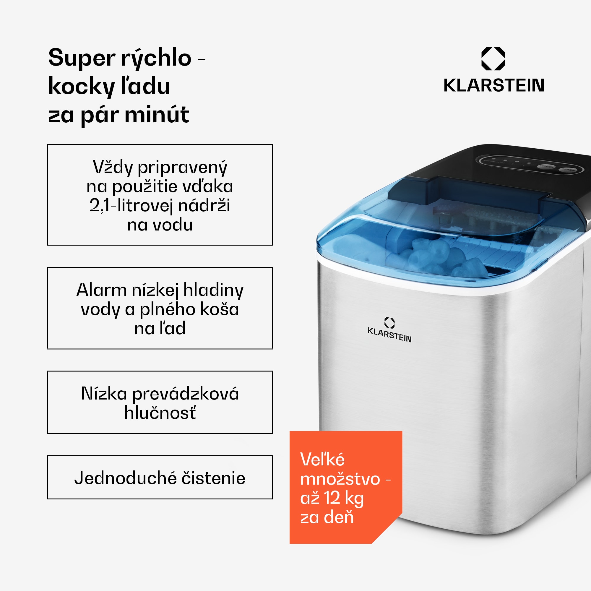 Klarstein On-The-Rocks, výrobník ľadu, 12 kg/24 h, nádrž 2,1 l, LED, nehrdzavejúca oceľ, čierny – Obrázok 2