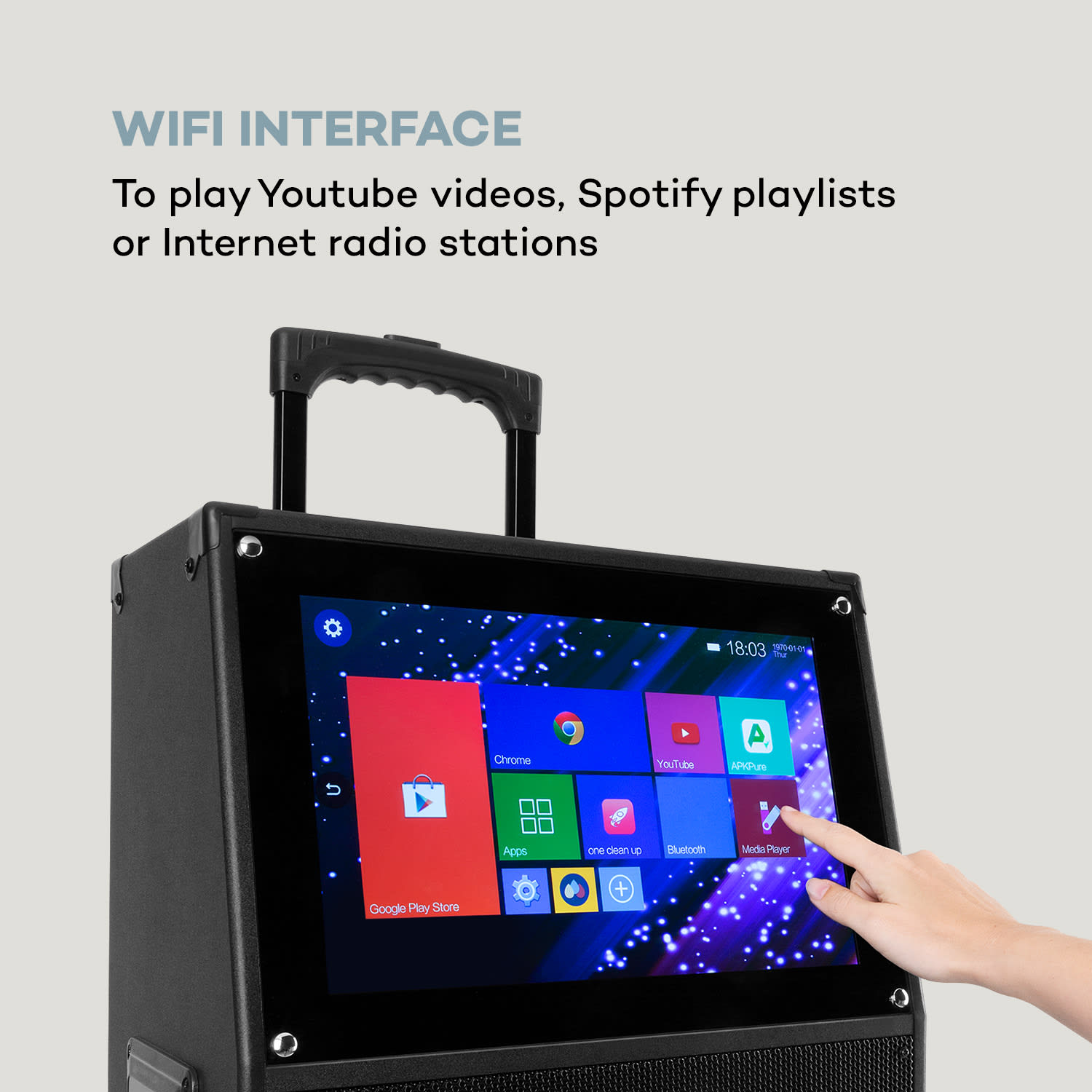 Auna KTV, karaoke systém, 15,4" dotykový displej, 2 UHF mikrofóny, WiFi, BT, USB, SD, HDMI, vozík – Obrázok 3