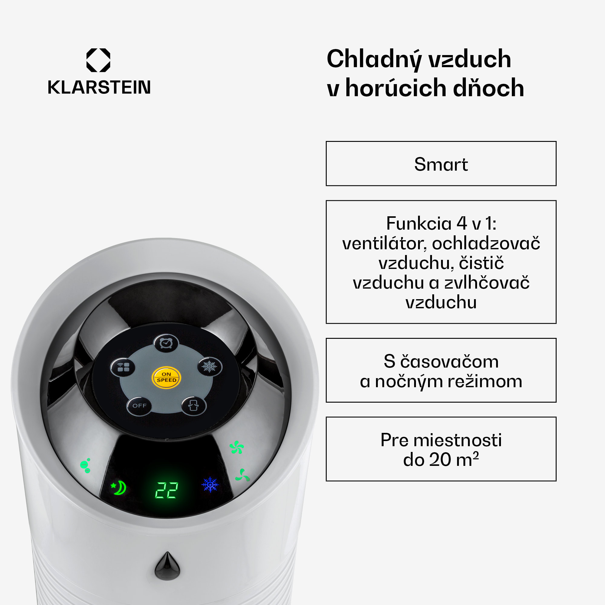 Klarstein Skyscraper Ice, 4 v 1 ochladzovač vzduchu, ventilátor, čistička vzduchu, zvlhčovač, 45 W, 210 m³/h, oscilácia, mobilný, diaľkové ovládanie – Obrázok 2