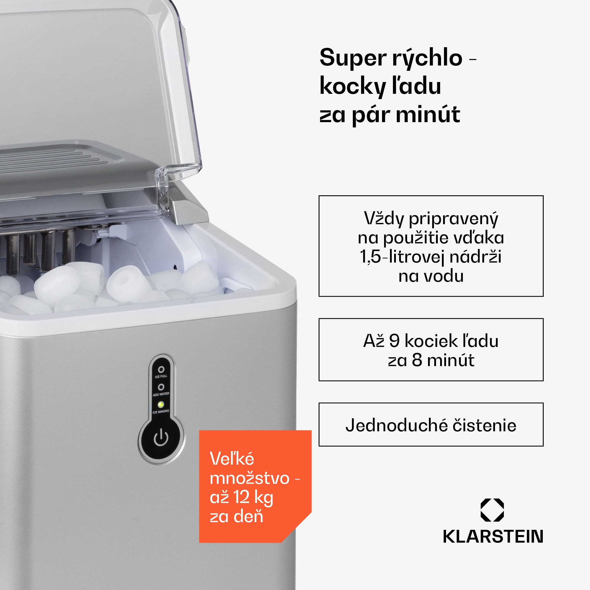 Klarstein Chillout, výrobník ľadu, oblé kúsky ľadu, 12 kg/24 h, nádrž 1,5 l, strieborný – Obrázok 2