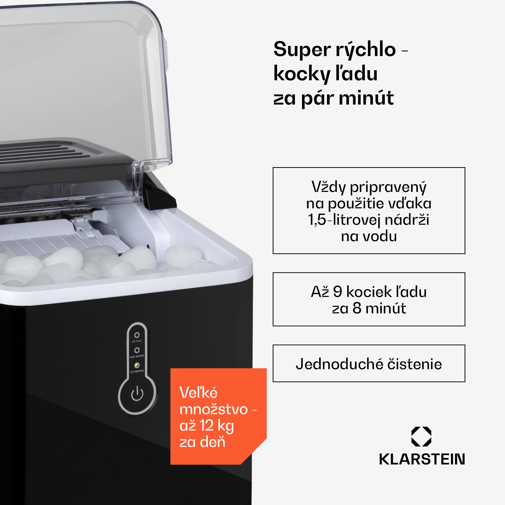 Klarstein Chillout, výrobník ľadu, oblé kúsky ľadu, 12 kg/24 h, nádrž 1,5 l, 1,5 l, čierny – Obrázok 2