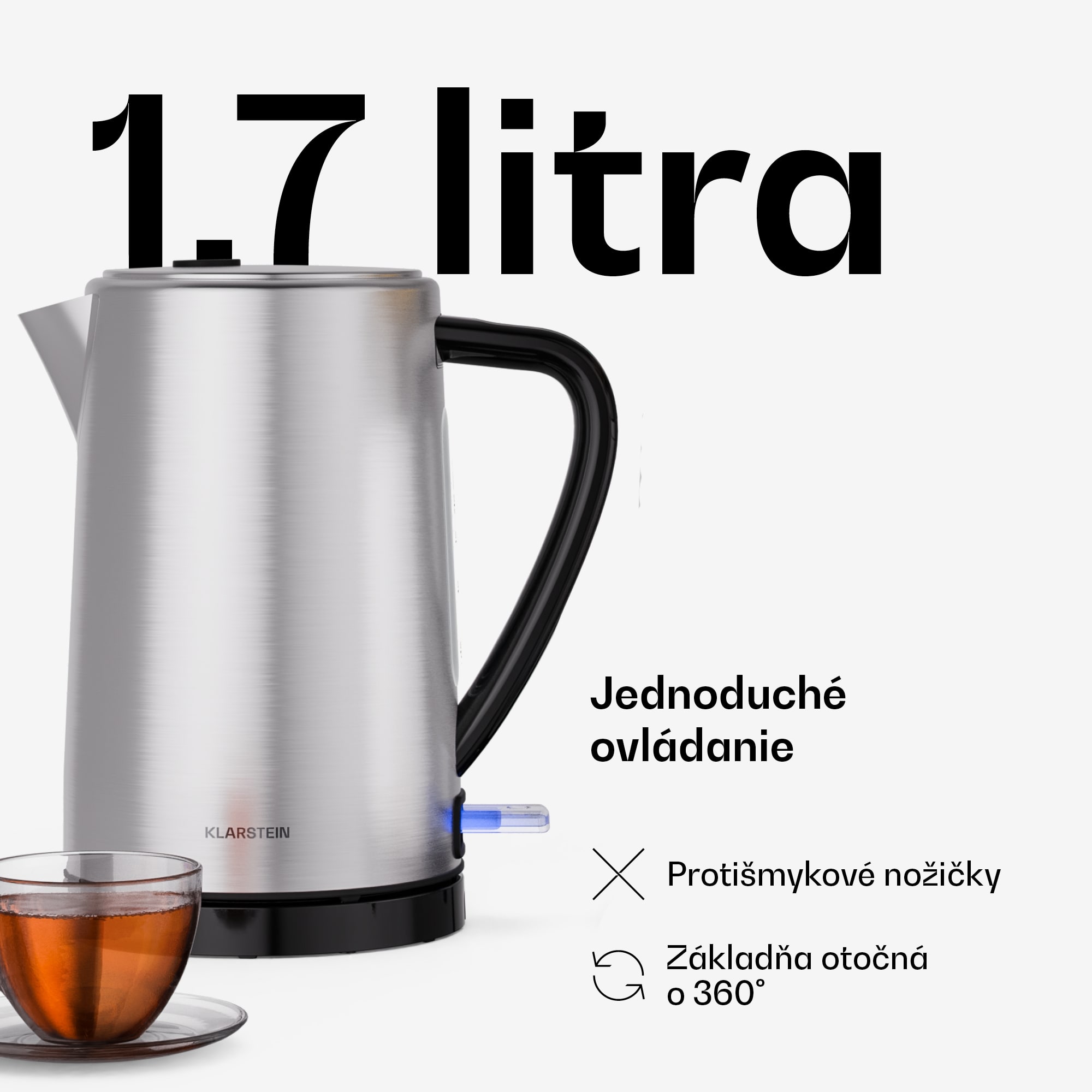 Klarstein Verosteel rýchlovarná kanvica | 1,7 litra | 2200 W | Základňa otočná o 360° | Moderný dizajn z nehrdzavejúcej ocele – Obrázok 4