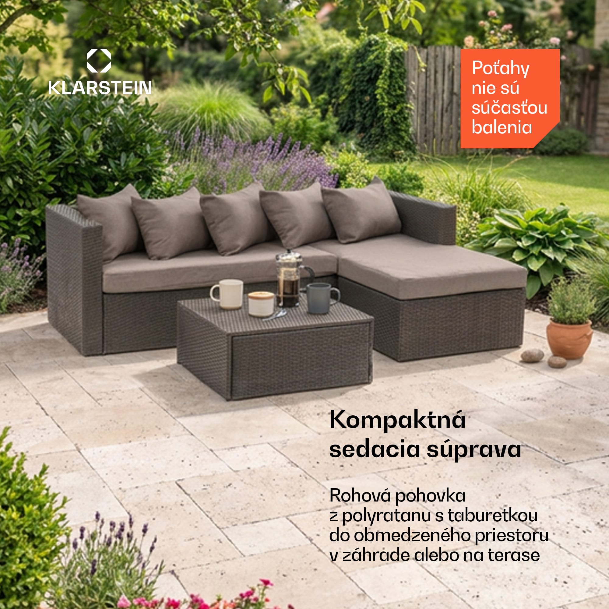 Blumfeldt Theia Lounge Set, záhradná sedacia súprava, rohový gauč, stolček, 5 vankúšov, čierna – Obrázok 2