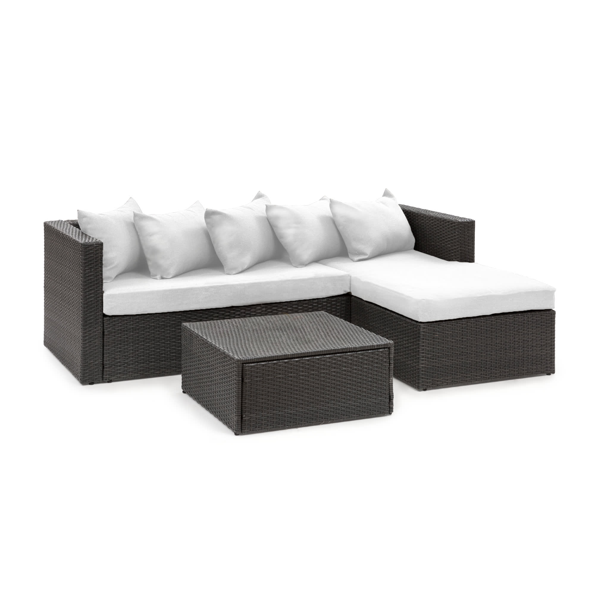 Blumfeldt Theia Lounge Set, záhradná sedacia súprava, rohový gauč, stolček, 5 vankúšov, čierna