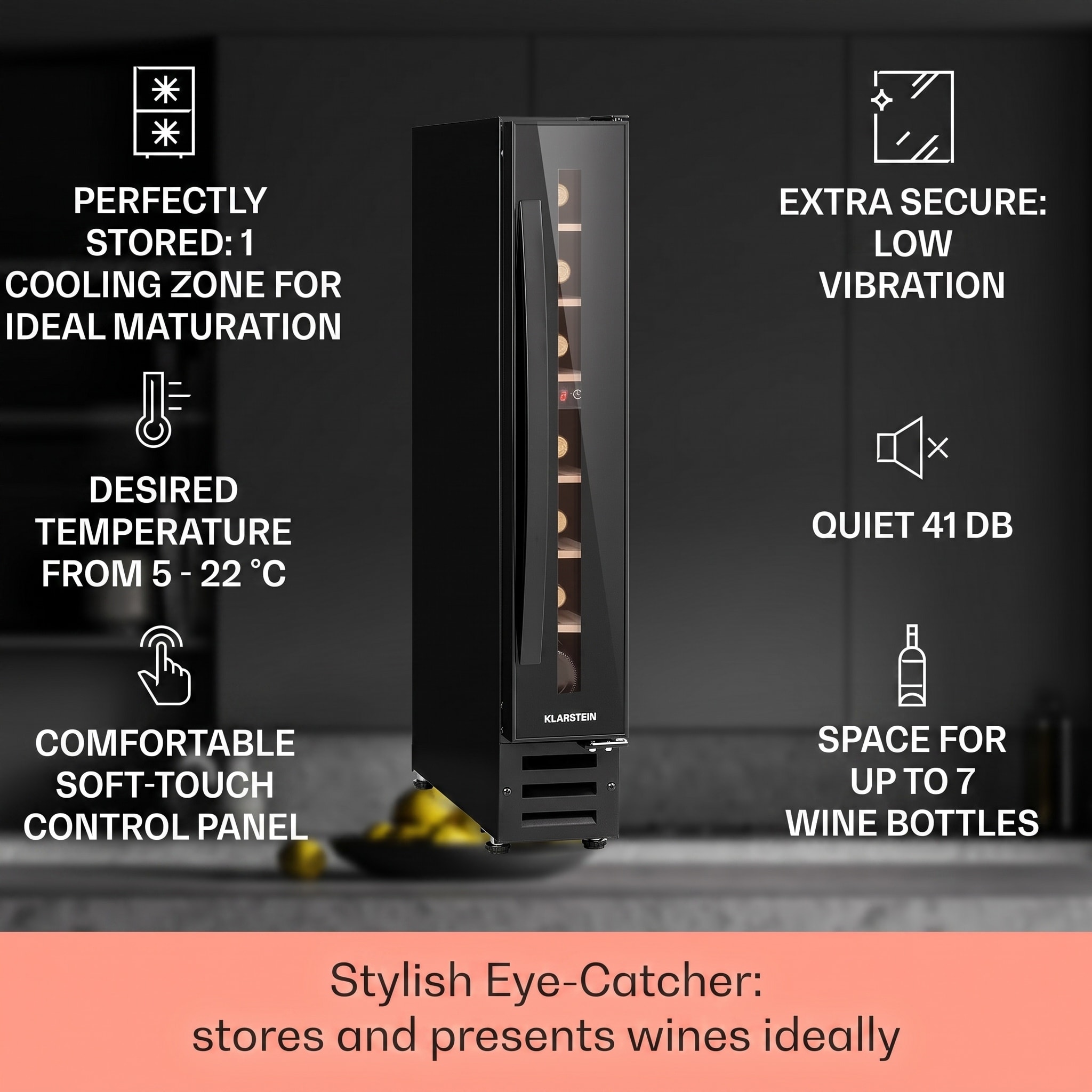 Klarstein Vinovilla 7 built-in Uno Onyx, vstavaná vinotéka, čierne sklo, nehrdzavejúca oceľ – Obrázok 2