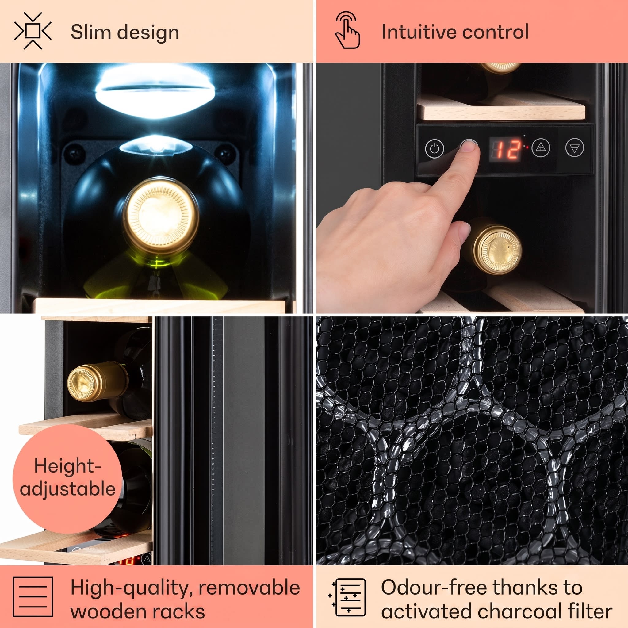 Klarstein Vinovilla 7 built-in Uno Onyx, vstavaná vinotéka, čierne sklo, nehrdzavejúca oceľ – Obrázok 5