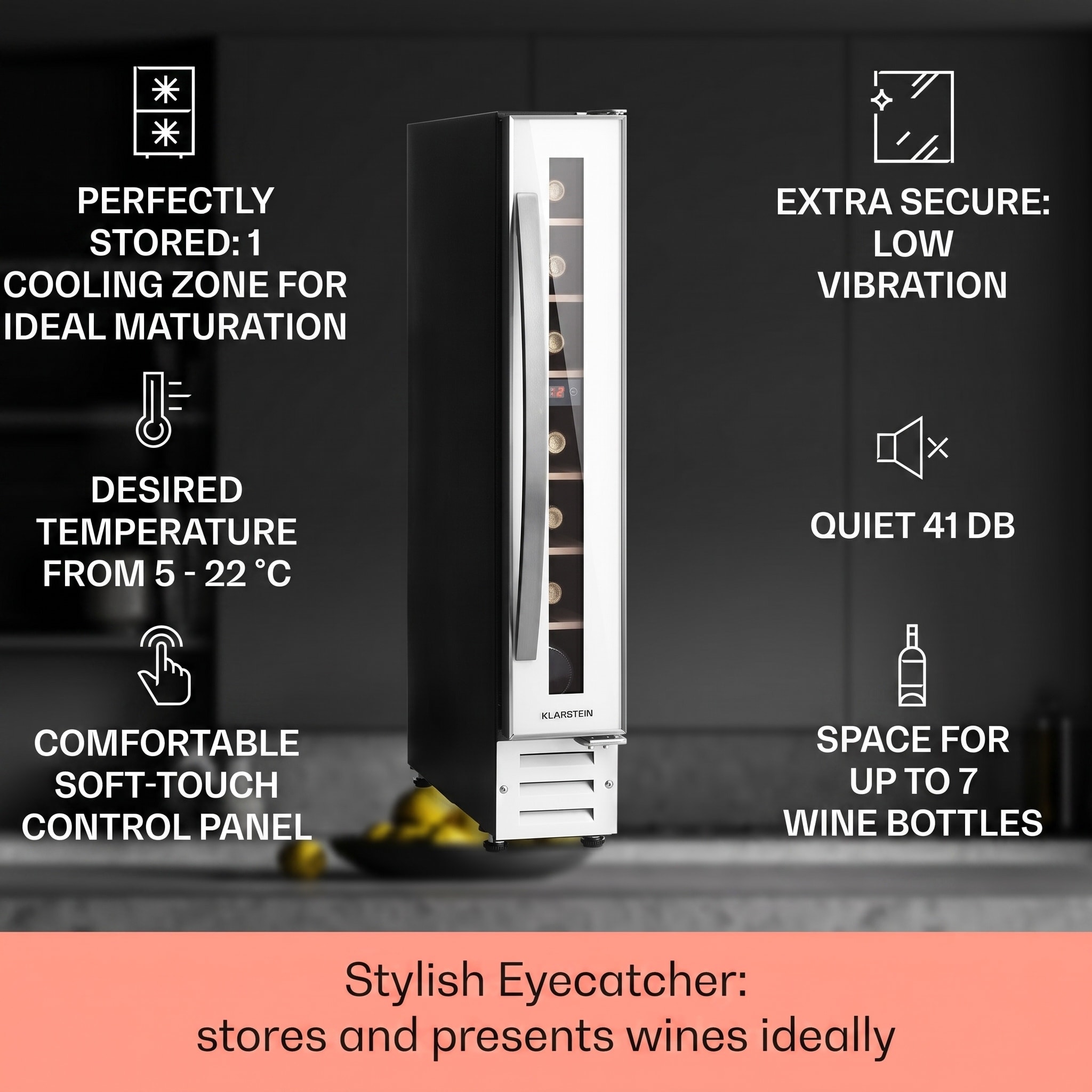 Klarstein Vinovilla 7 built-in Uno Quartz, vstavaná vinotéka, biele sklo, nehrdzavejúca oceľ – Obrázok 2