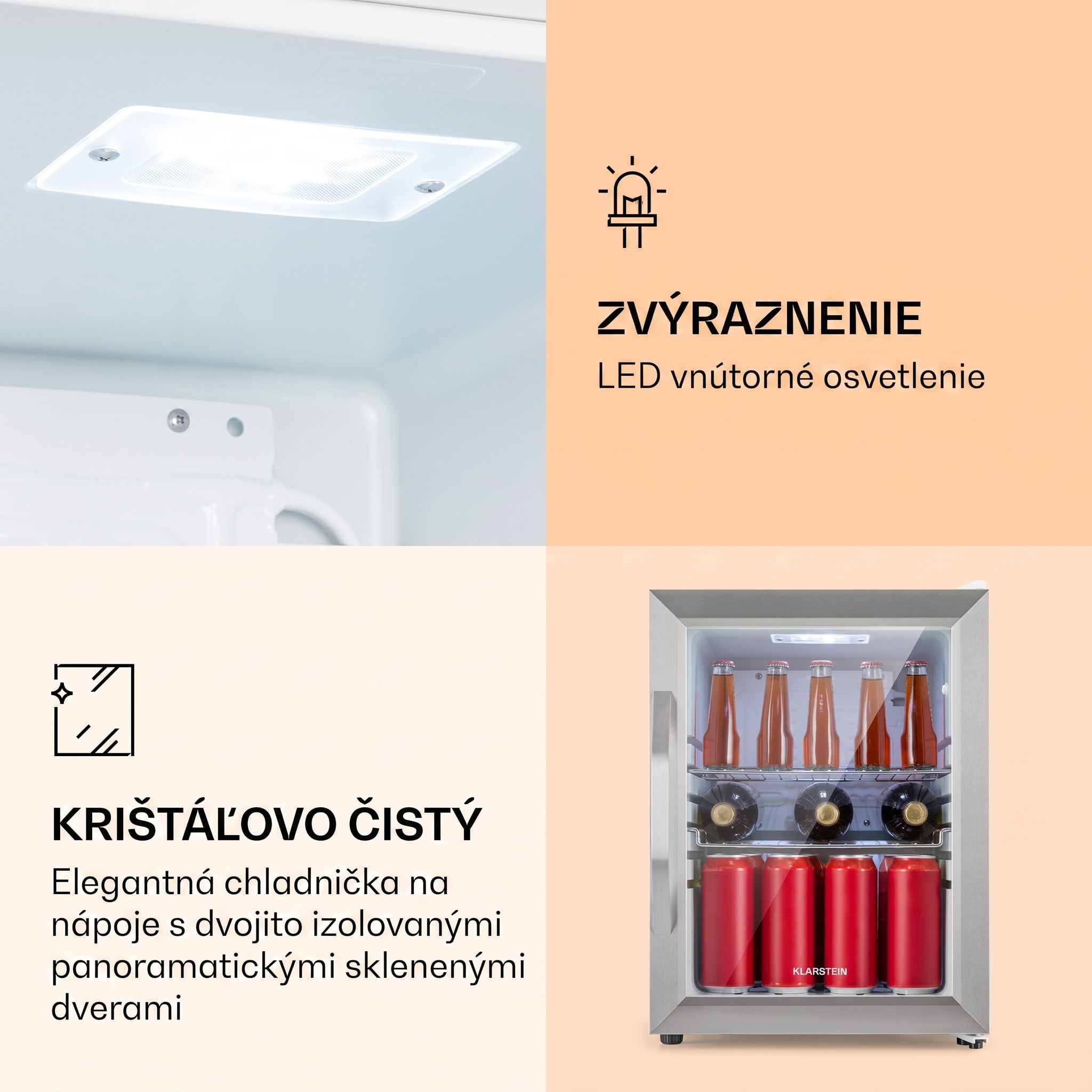 Klarstein Beersafe M Crystal White, chladnička, 33 l, 2 police, panoramatické sklenené dvierka, nehrdzavejúca oceľ – Obrázok 4