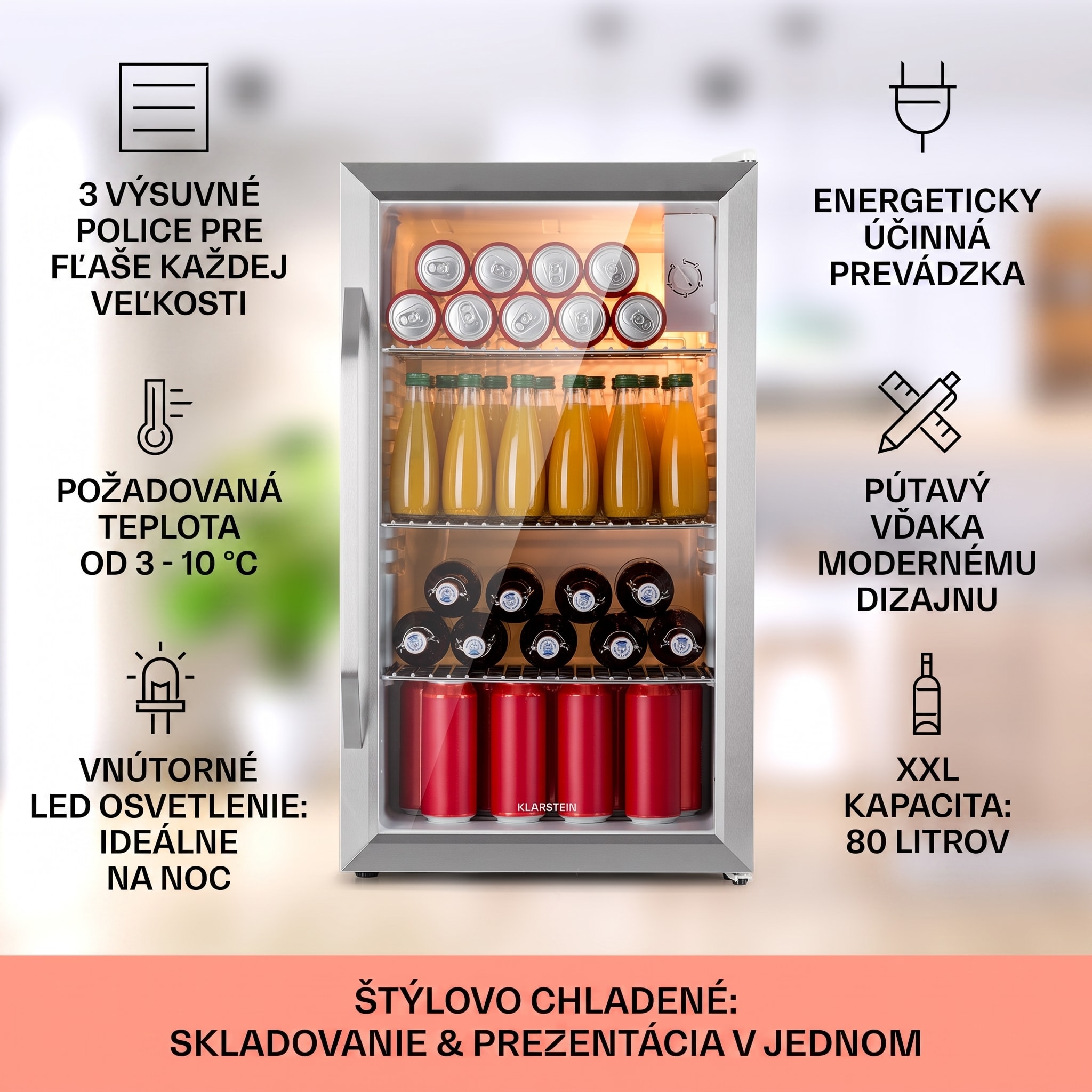 Klarstein Beersafe XXL Crystal White, chladnička, energet. trieda E, LED, 3 kovové police, panoramatické sklenené dvierka – Obrázok 2