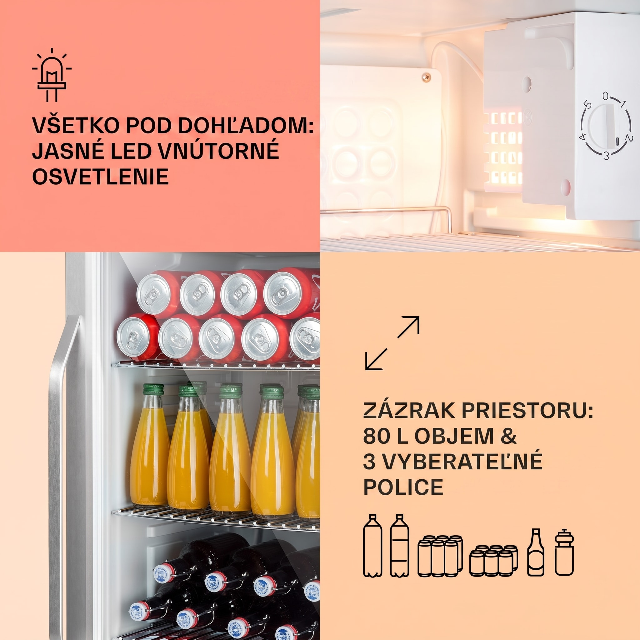 Klarstein Beersafe XXL Crystal White, chladnička, energet. trieda E, LED, 3 kovové police, panoramatické sklenené dvierka – Obrázok 4