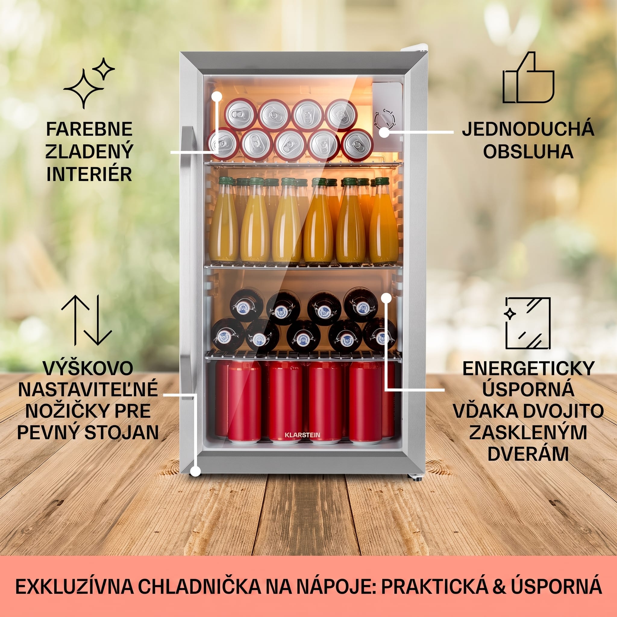 Klarstein Beersafe XXL Crystal White, chladnička, energet. trieda E, LED, 3 kovové police, panoramatické sklenené dvierka – Obrázok 5