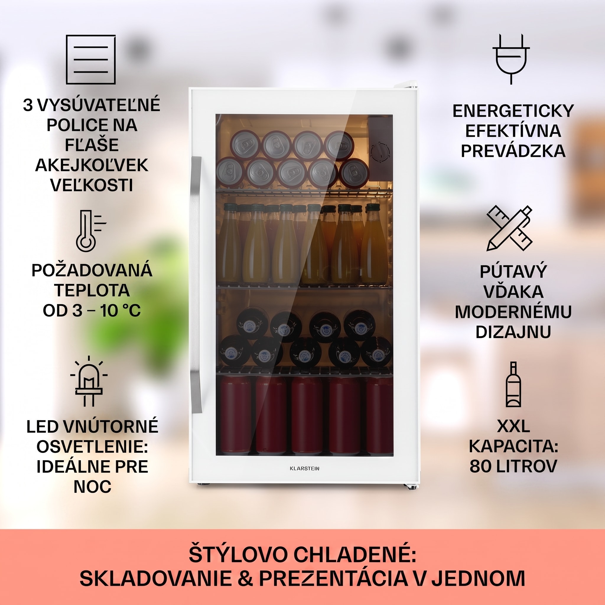 Klarstein Beersafe XXL Quartz, chladnička, energet. trieda E, 3 kovové police, panoramatické sklenené dvierka – Obrázok 2