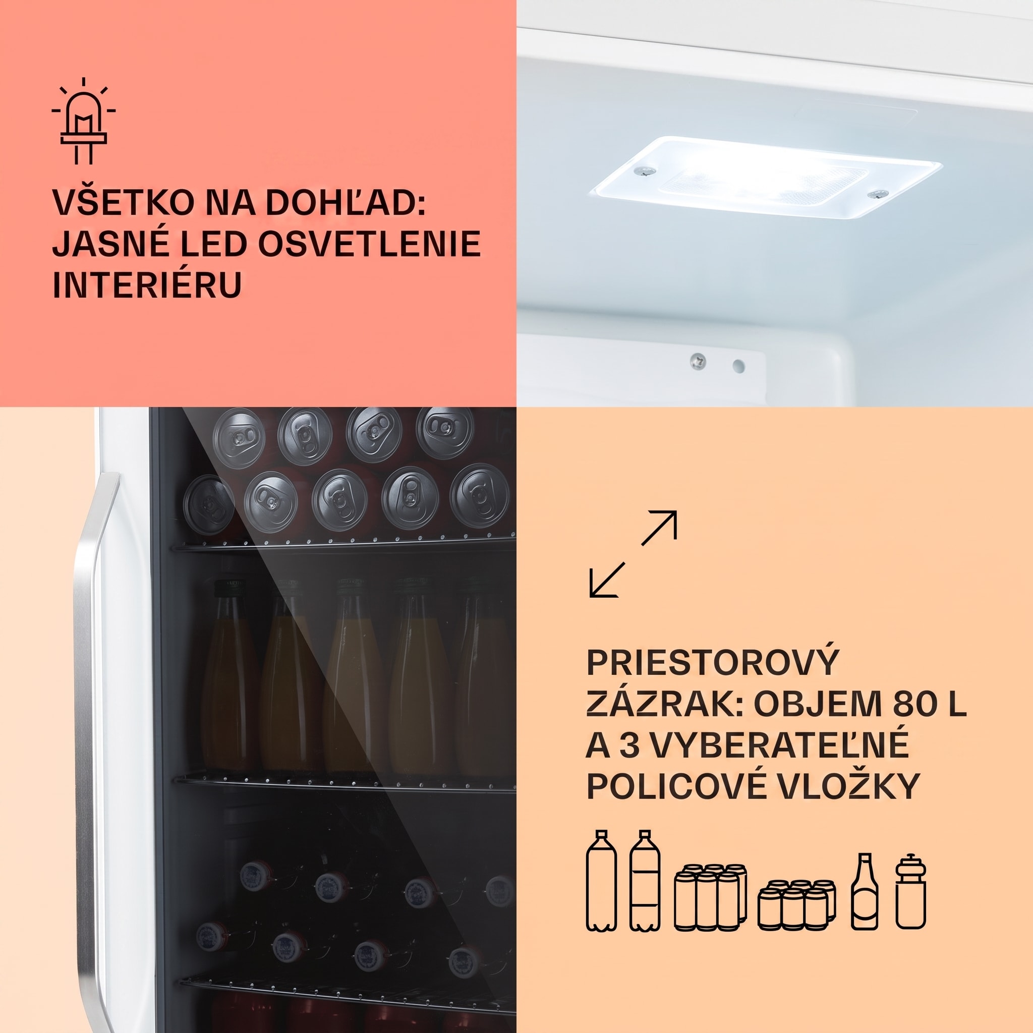 Klarstein Beersafe XXL Quartz, chladnička, energet. trieda E, 3 kovové police, panoramatické sklenené dvierka – Obrázok 4