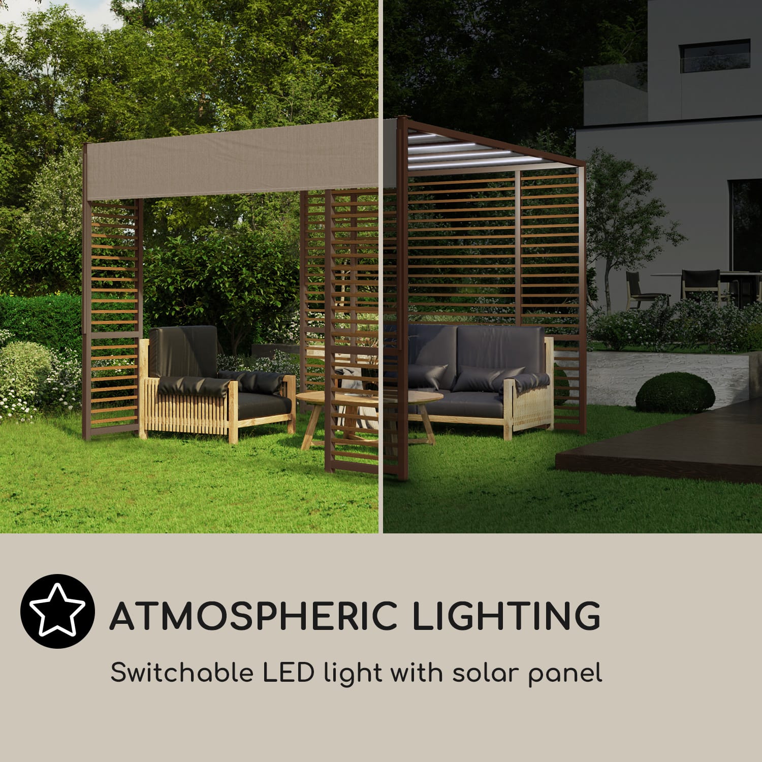 Blumfeldt Valence, altánok, 3 x 3 m, UV50+, vodoodpudivý, solárne LED osvetlenie, solárny panel – Obrázok 4