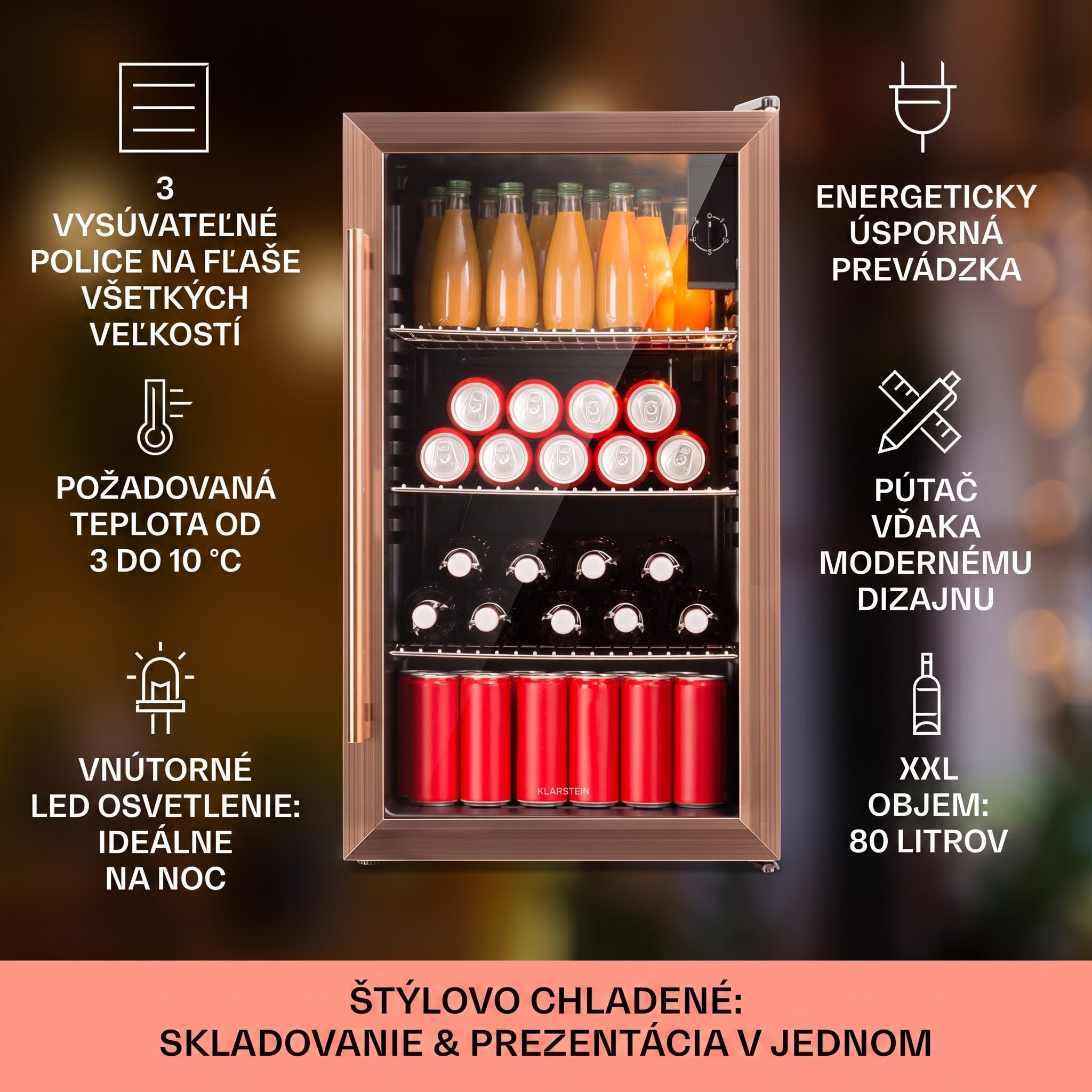 Klarstein Beersafe XXL, chladnička, 80 l, 3 police, energet. trieda E, panoramatické sklenené dvierka – Obrázok 2