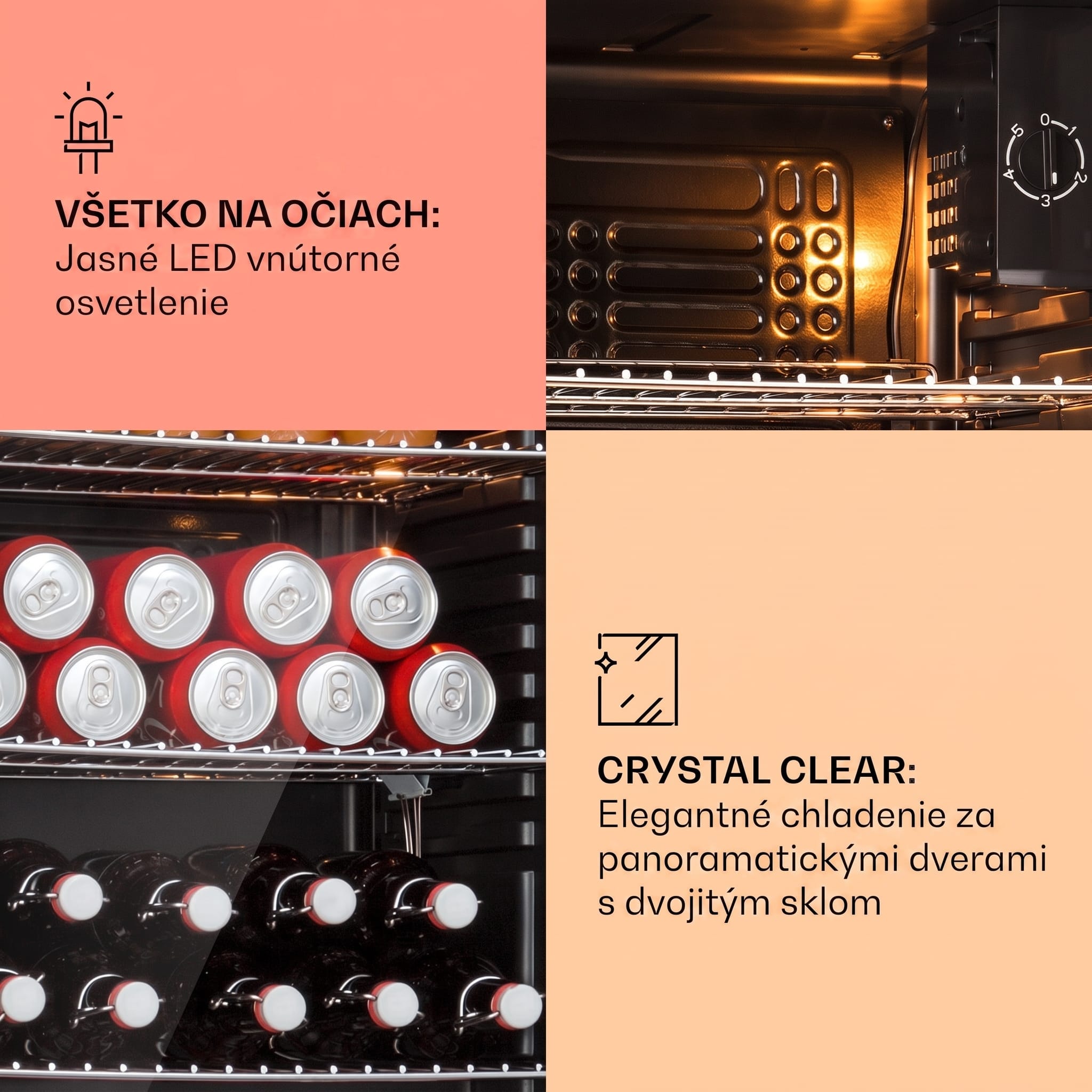 Klarstein Beersafe XXL, chladnička, 80 l, 3 police, energet. trieda E, panoramatické sklenené dvierka – Obrázok 4