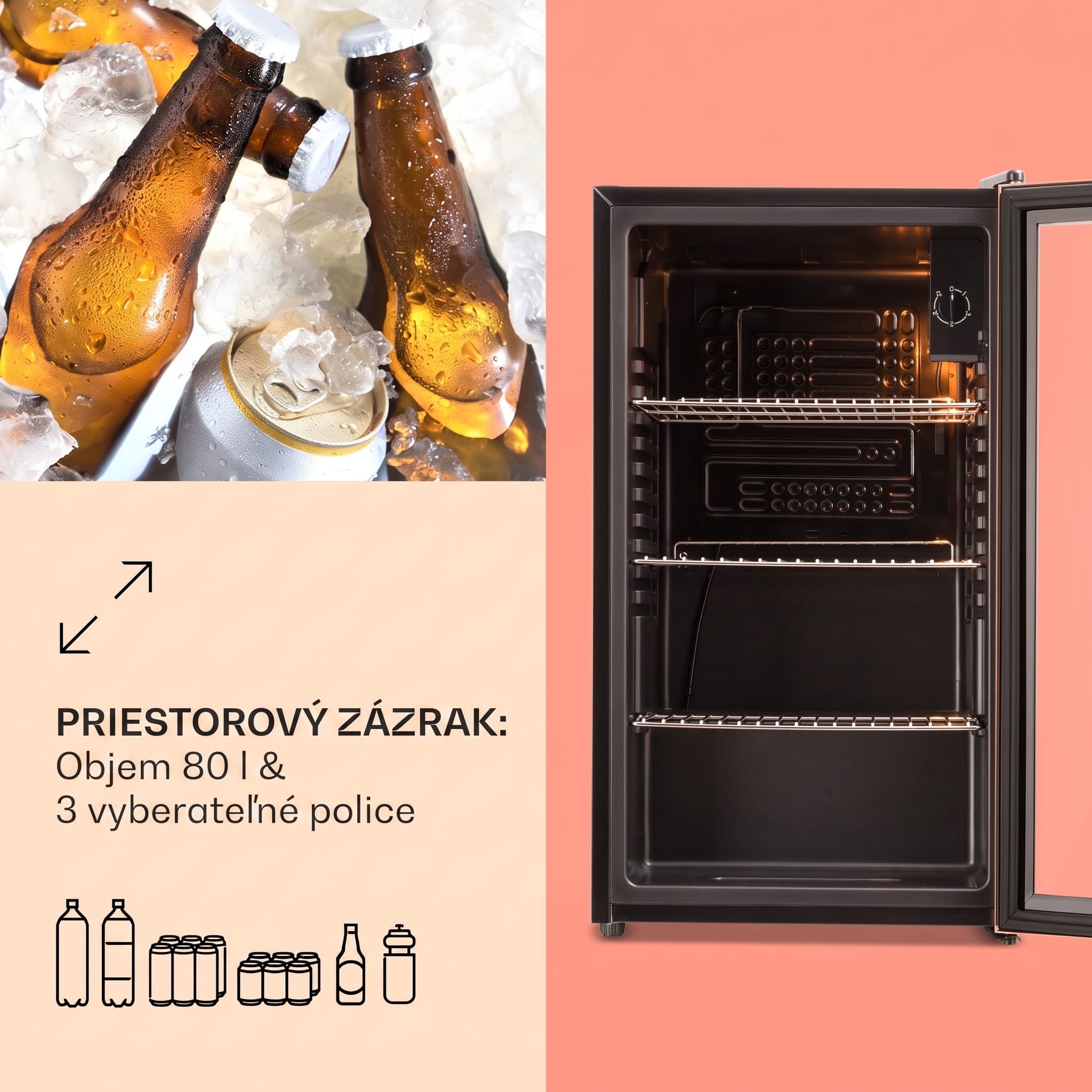 Klarstein Beersafe XXL, chladnička, 80 l, 3 police, energet. trieda E, panoramatické sklenené dvierka – Obrázok 5