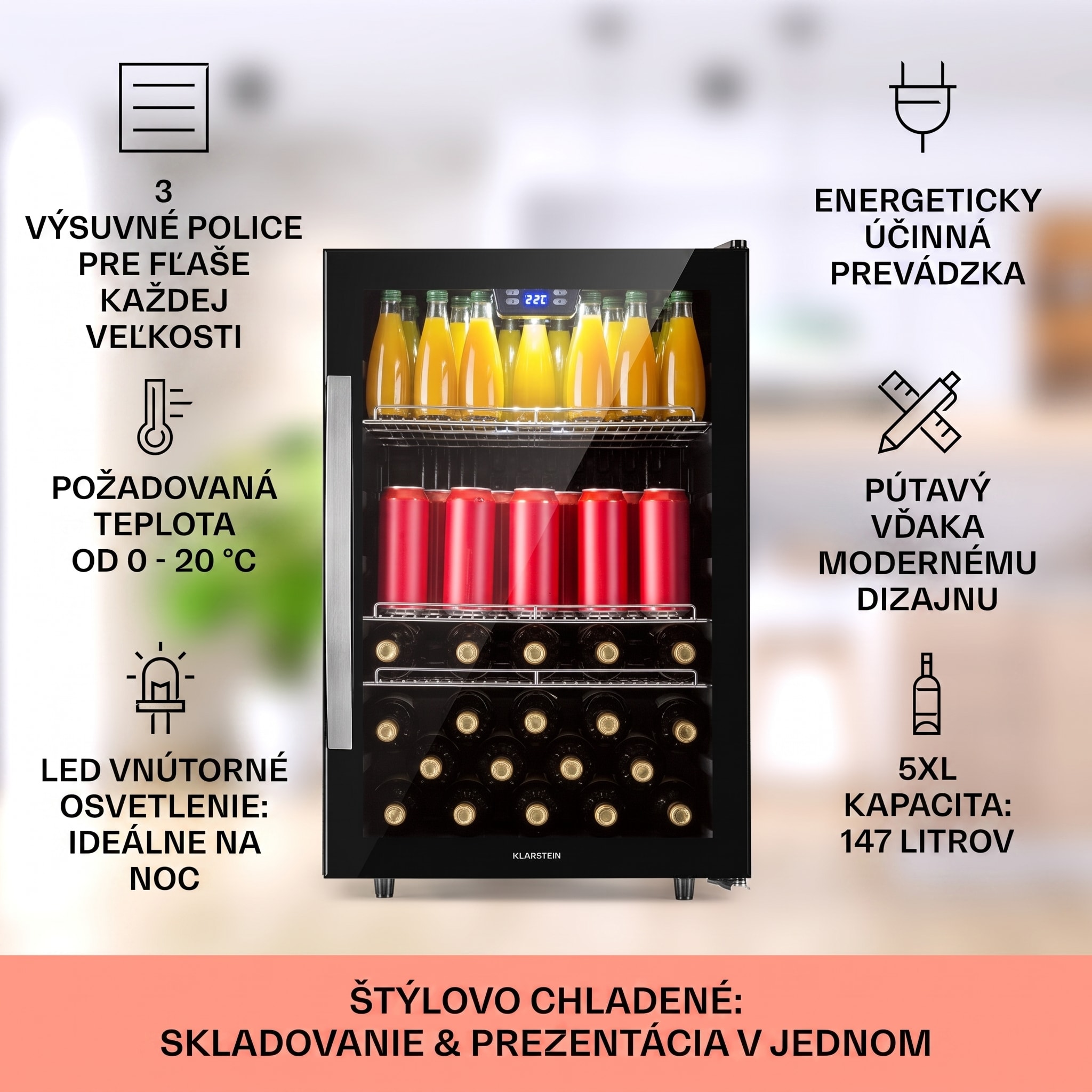Klarstein Beersafe 5XL, chladnička, 147 l, 3 police, panoramatické sklenené dvere, nehrdzavejúca oceľ – Obrázok 2