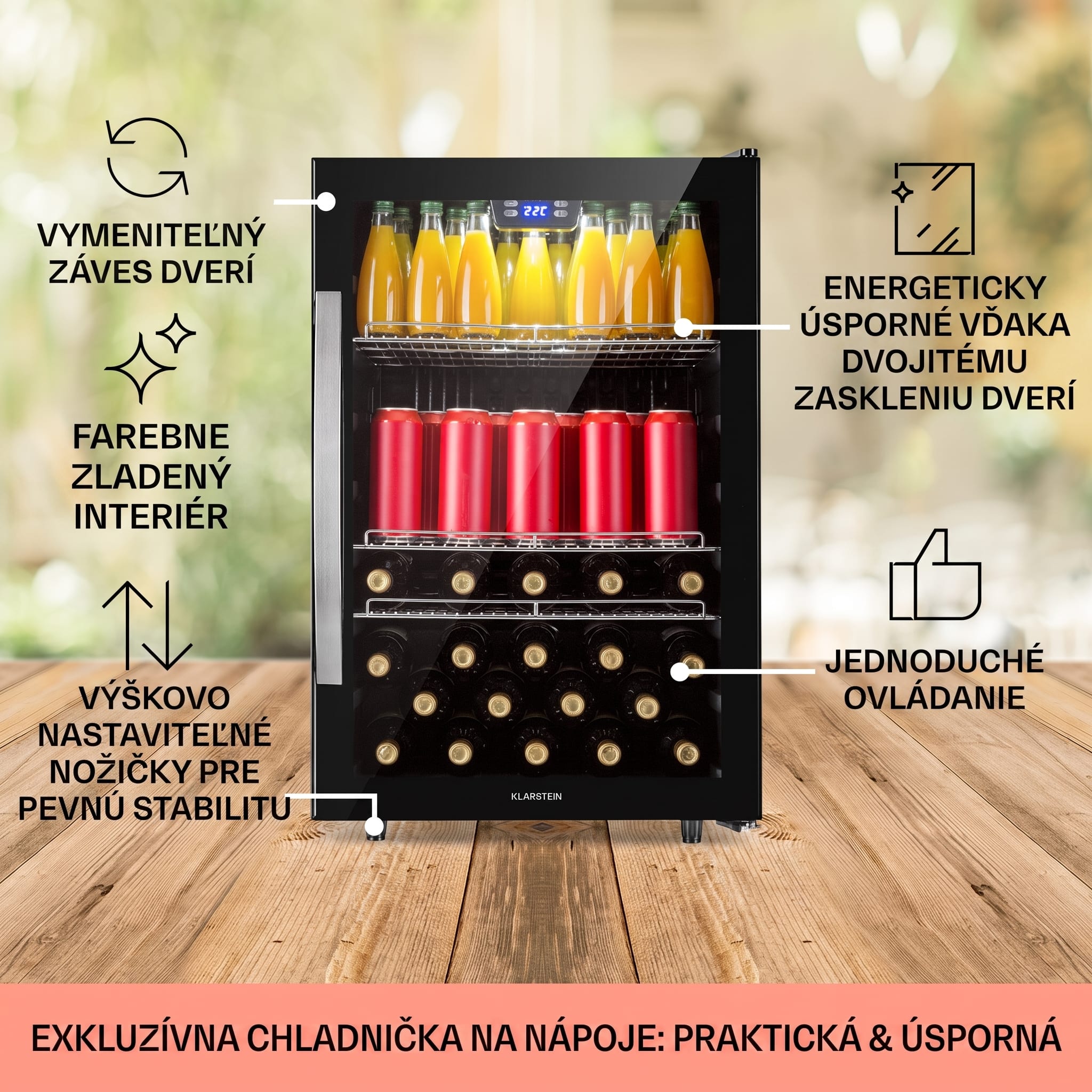 Klarstein Beersafe 5XL, chladnička, 147 l, 3 police, panoramatické sklenené dvere, nehrdzavejúca oceľ – Obrázok 5