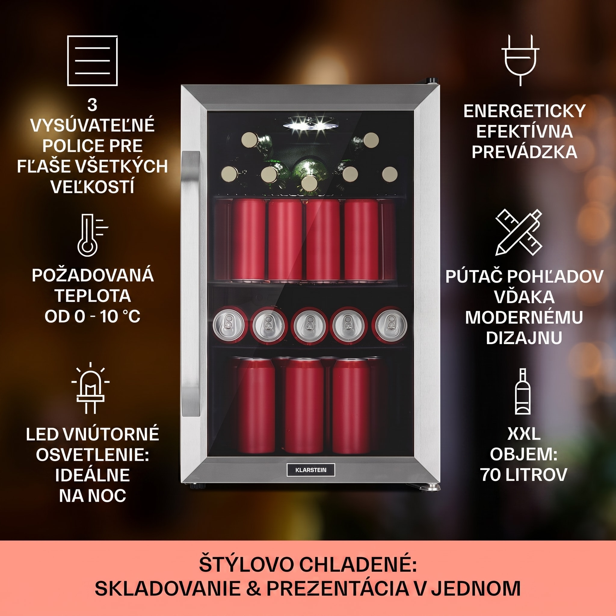 Klarstein Beersafe 70 Birra Edition, chladnička, 70 litrov, 3 police, sklenené dvere, nehrdzavejúca oceľ – Obrázok 2