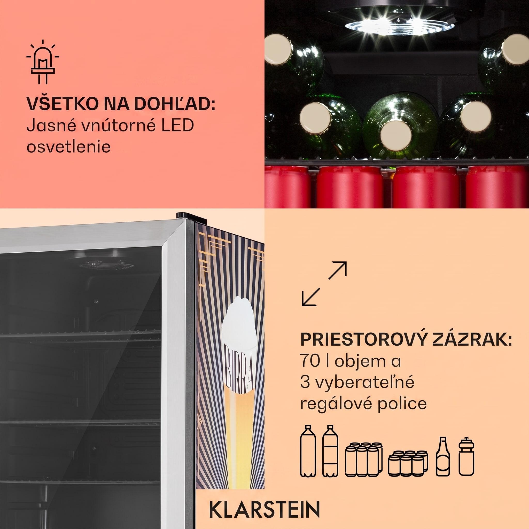 Klarstein Beersafe 70 Birra Edition, chladnička, 70 litrov, 3 police, sklenené dvere, nehrdzavejúca oceľ – Obrázok 5