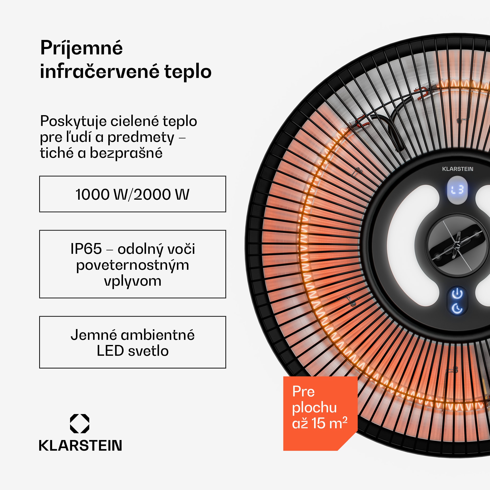 Klarstein LumiHeat infračervené stropné vykurovanie | 2000 W | 15 m² | LED svetlo | 42 cm x 42 cm – Obrázok 2