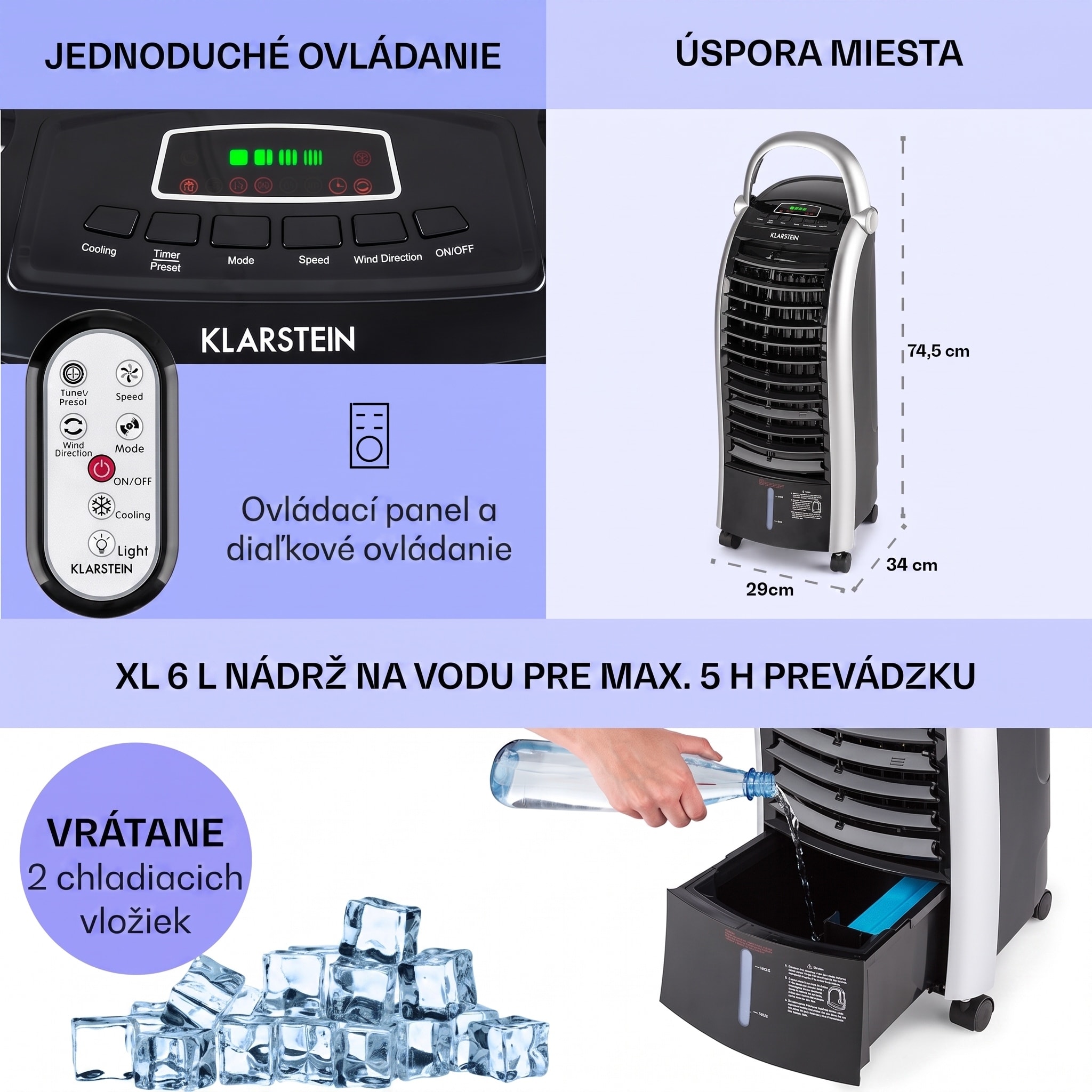 Klarstein Maxfresh, 4 v 1 ochladzovač vzduchu, ventilátor, 65 W, 6 l, diaľkový ovládač, 2 x chladiaci box – Obrázok 2