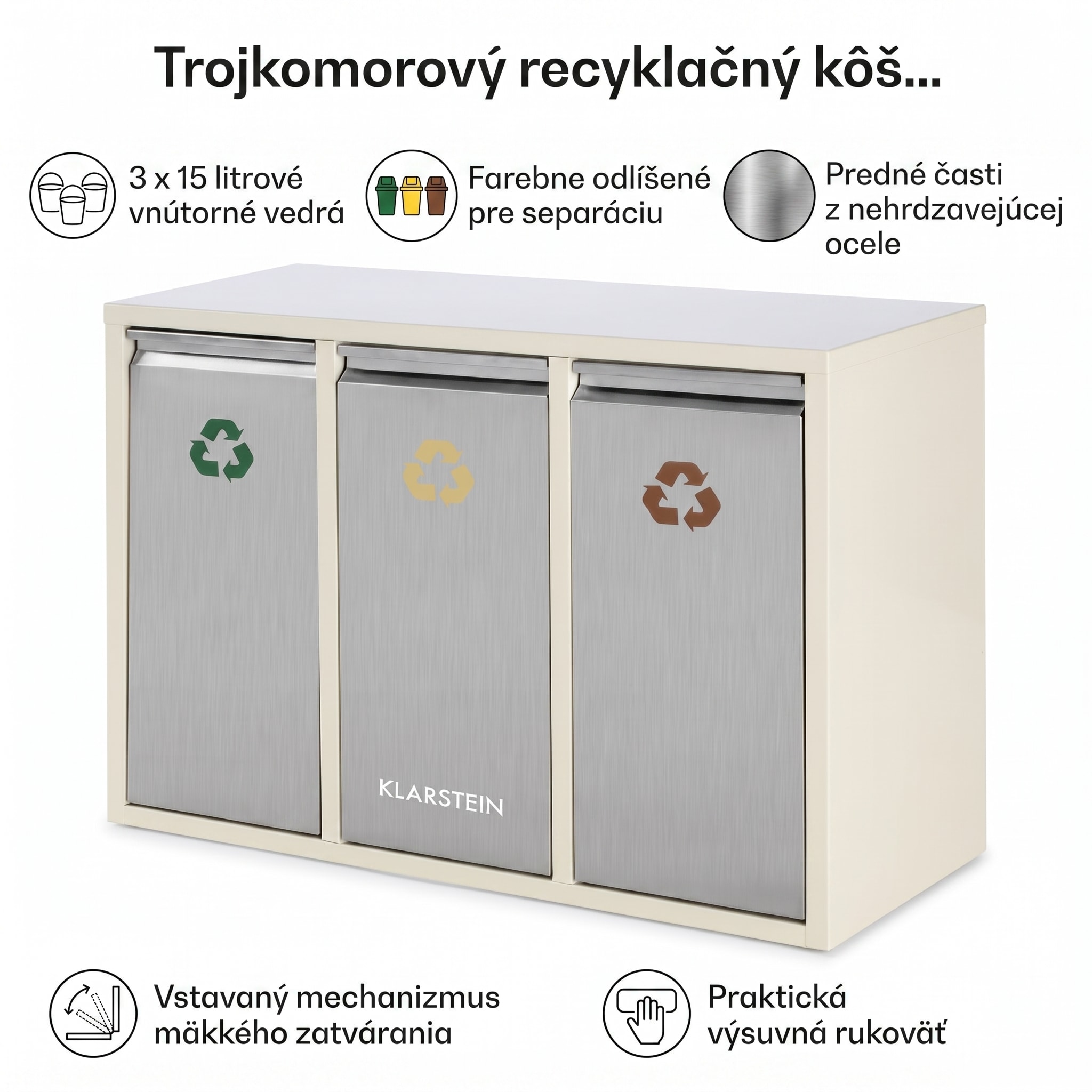 Klarstein Ordnungshütter 3, 45 l, krémovo-béžová, box na triedený odpad, 3 x 15 l – Obrázok 5