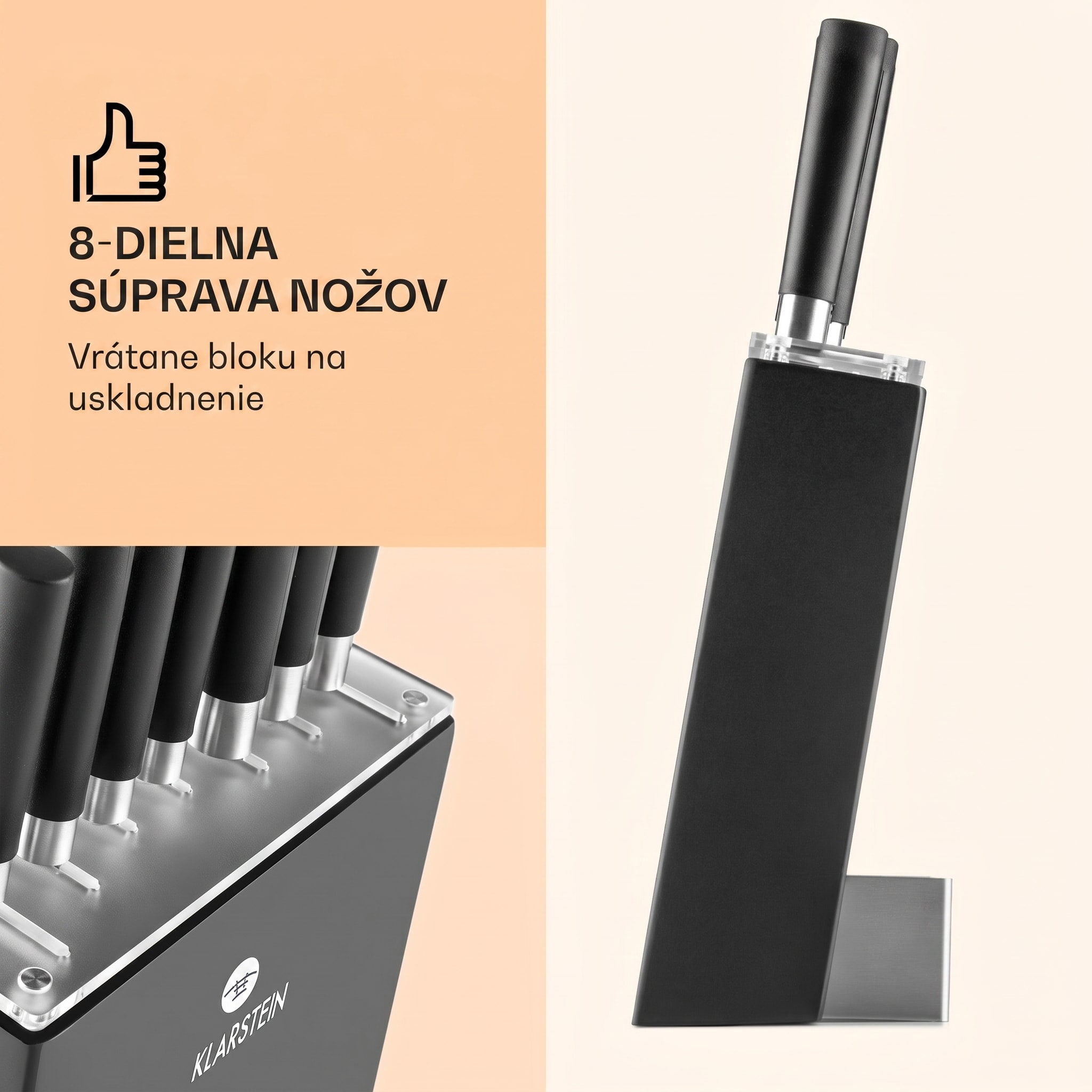 Klarstein Kitano, sada nožov s blokom, 8-dielna, 7 nožov, oceľ, luxusný drevený blok – Obrázok 3