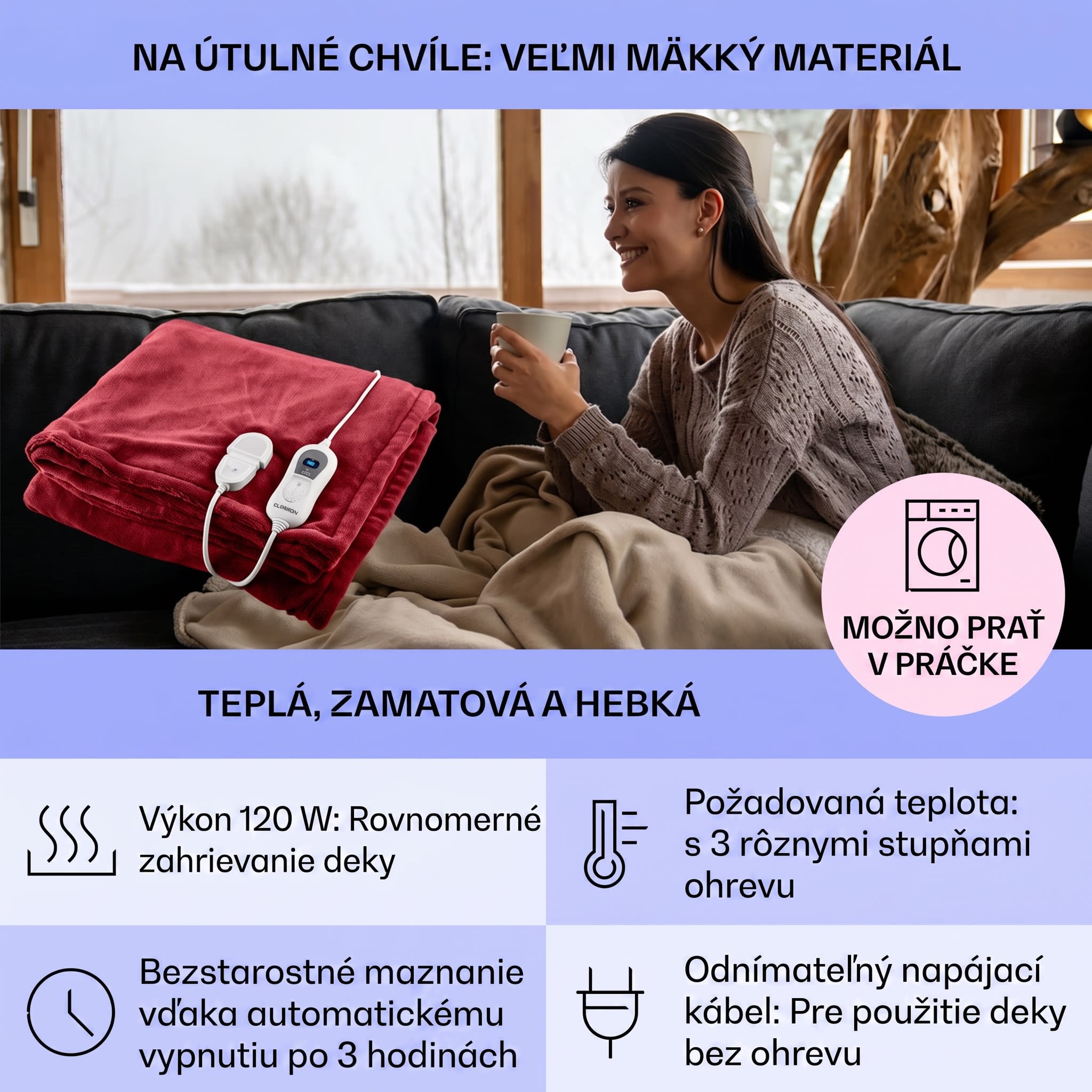 Klarstein Dr. Watson XL, vyhrievacia deka, 120 W, 180 x 130 cm, prateľná, mikroplyš, vínová – Obrázok 2