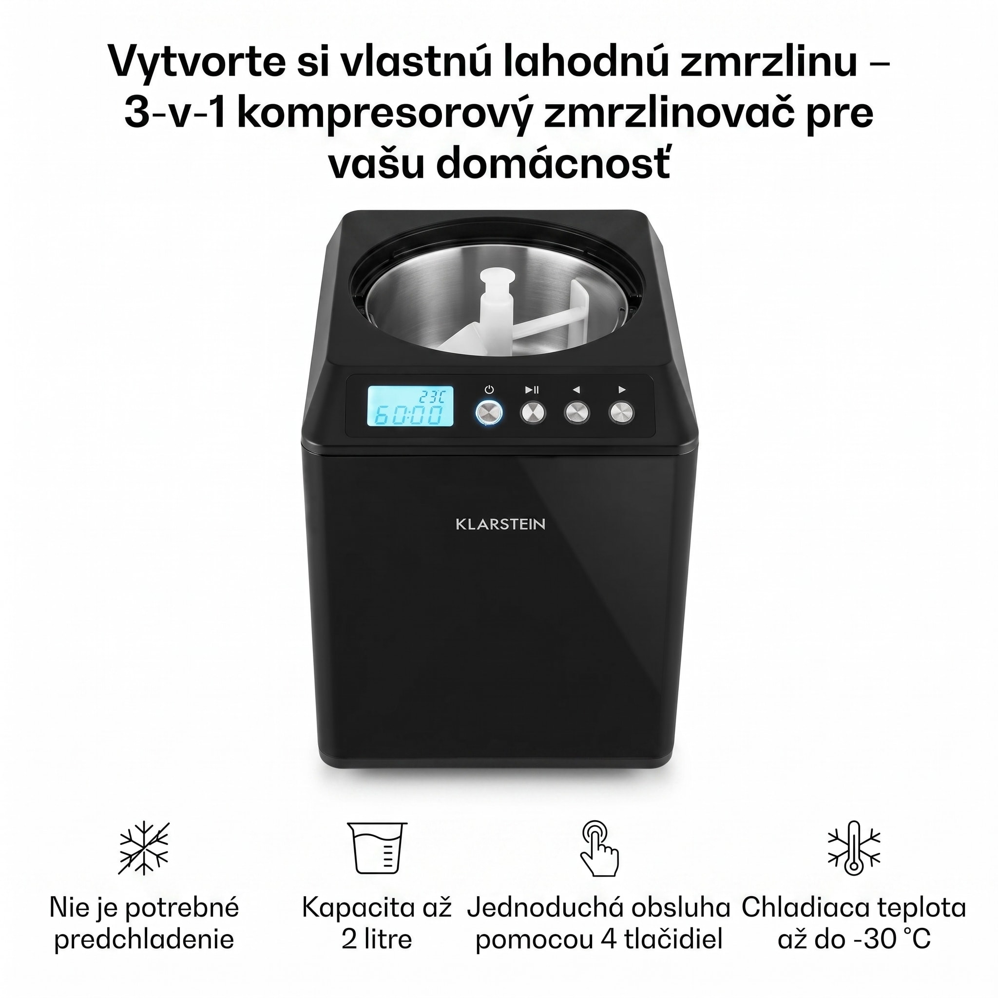 Klarstein Vanilly Sky Family, zmrzlinovač, výrobník zmrzliny a mrazeného jogurtu, 250 W, 2,5 l, čierny – Obrázok 4