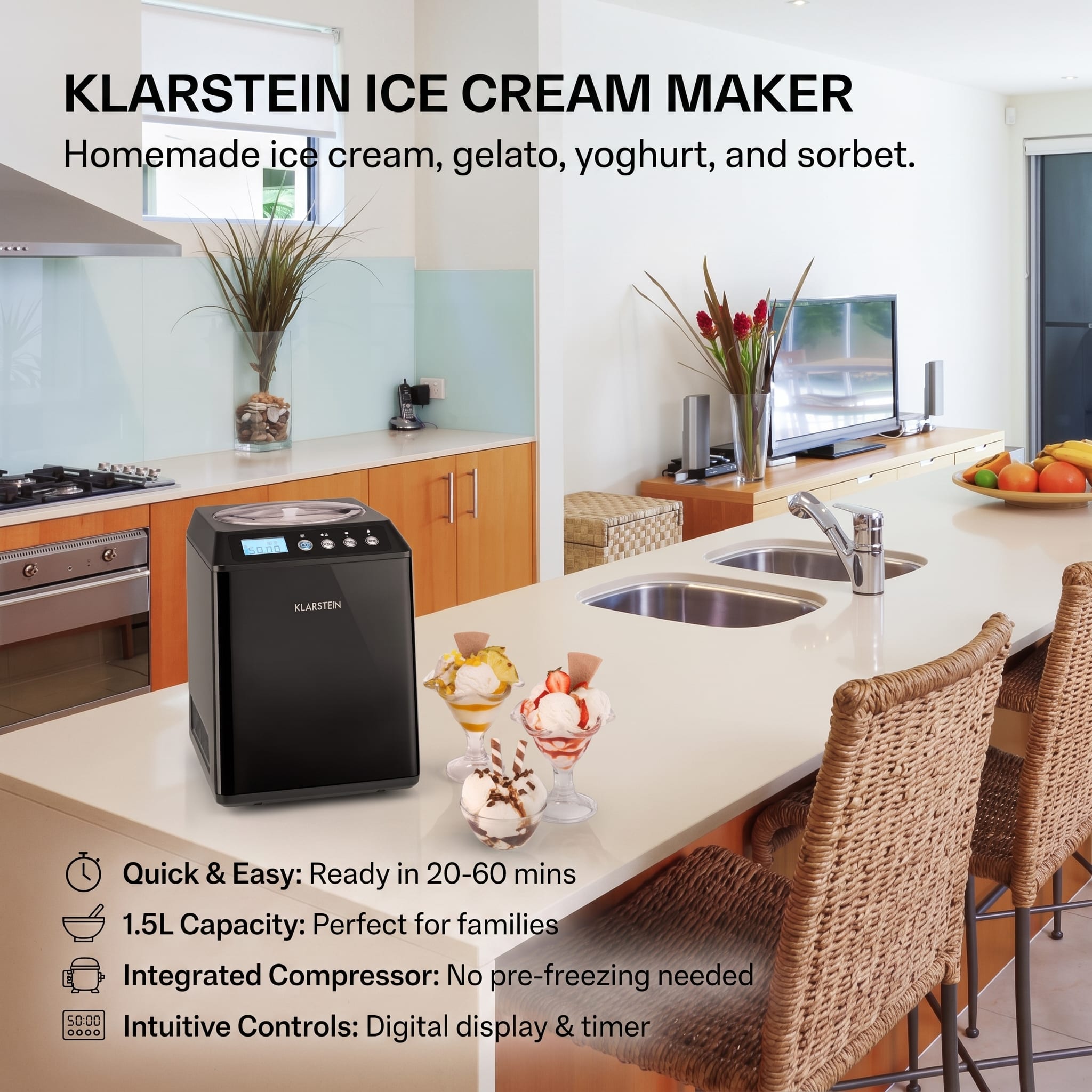 Klarstein Vanilly Sky Family, zmrzlinovač, výrobník zmrzliny a mrazeného jogurtu, 250 W, 2,5 l, čierny – Obrázok 2