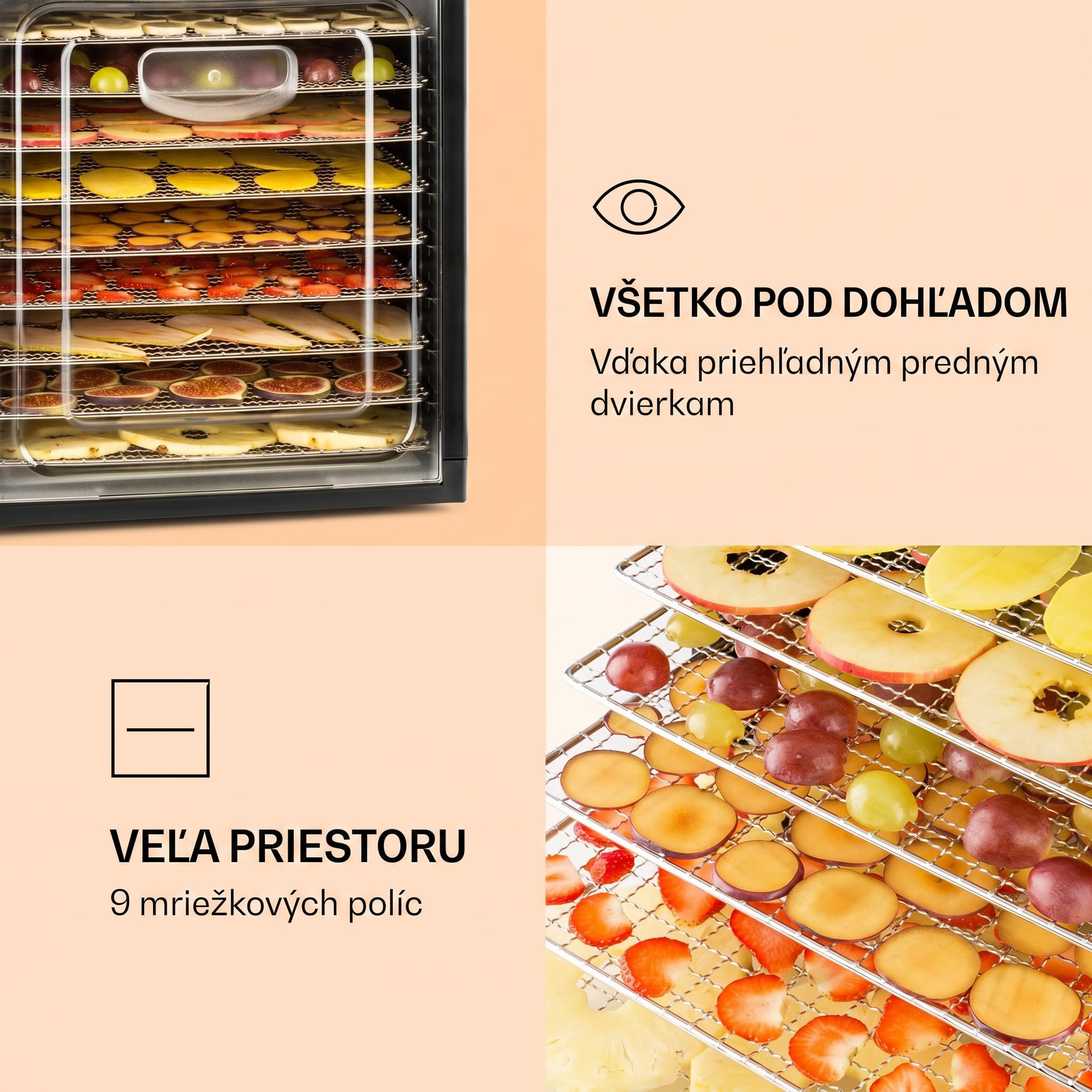 Klarstein Fruit Jerky Plus 9, sušička ovocia, 600-700 W, 35-70 °C, časovač, 9 poschodí – Obrázok 3