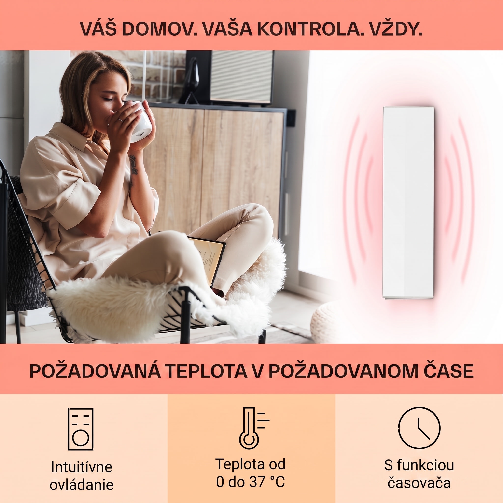Klarstein Wonderwall 30, infračervený ohrievač, 30 x 100 cm, 300 W, týždenný časovač, IP24 – Obrázok 3
