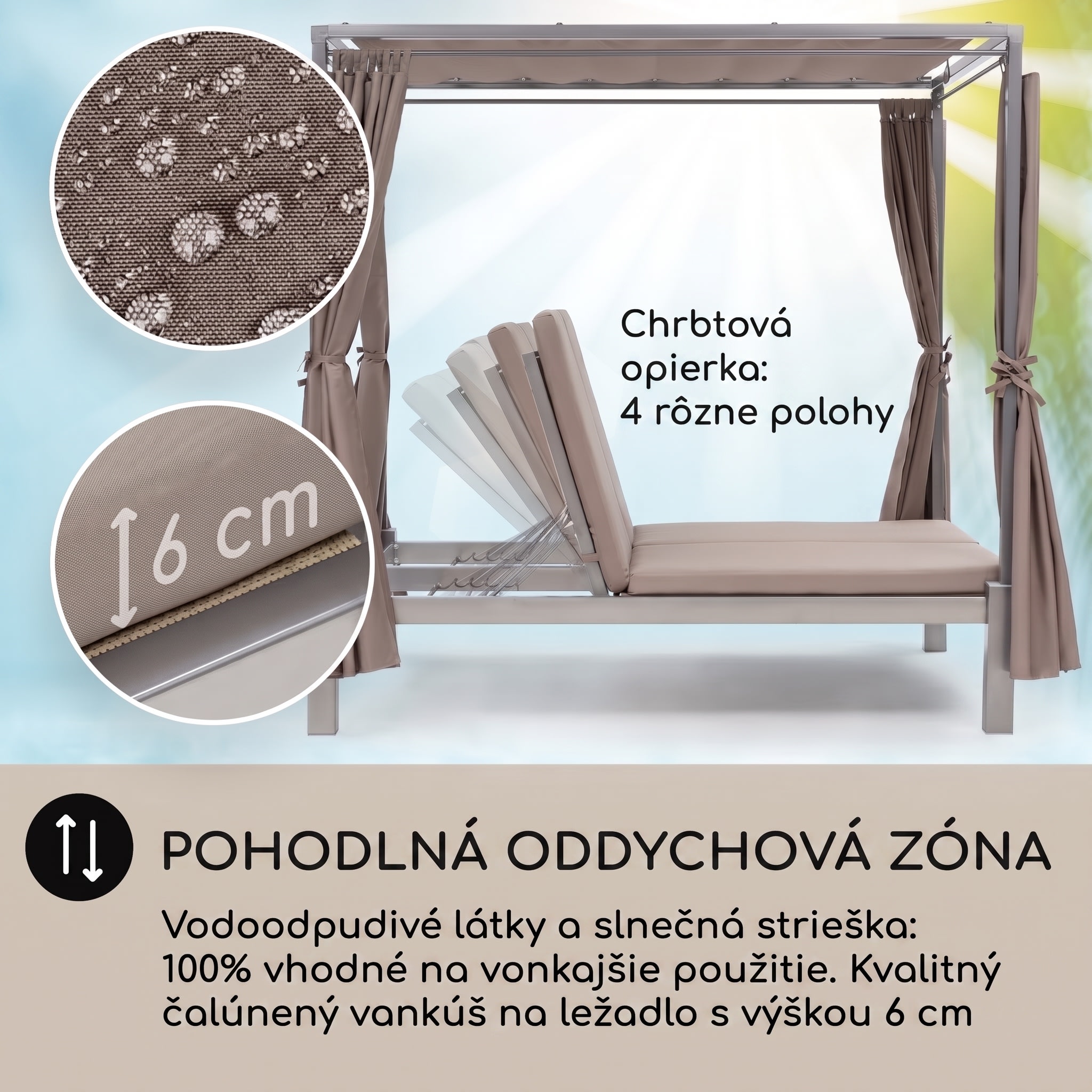 Blumfeldt Eremitage Double Sunbed, lehátko, pre 2 osoby, oceľový rám, slnečná strieška, závesy, taupe – Obrázok 2