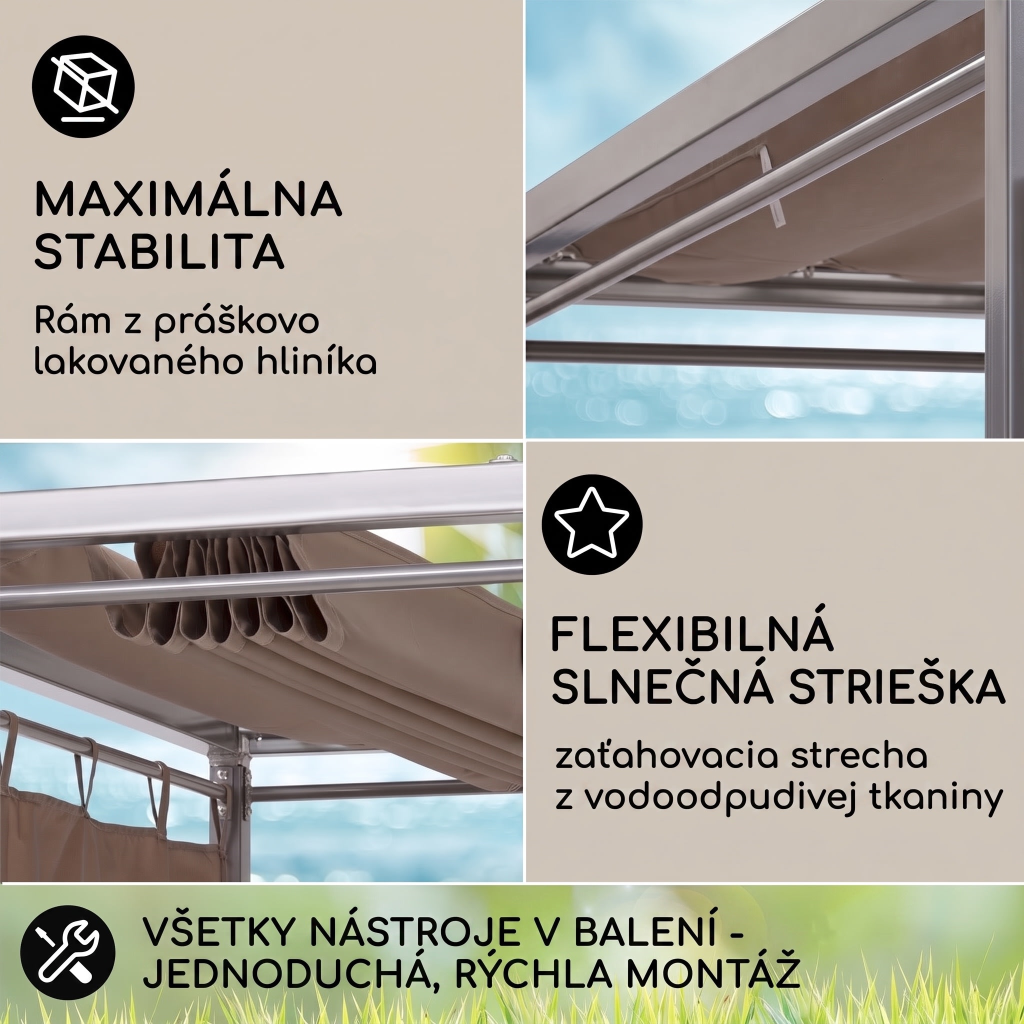 Blumfeldt Eremitage Double Sunbed, lehátko, pre 2 osoby, oceľový rám, slnečná strieška, závesy, taupe – Obrázok 3