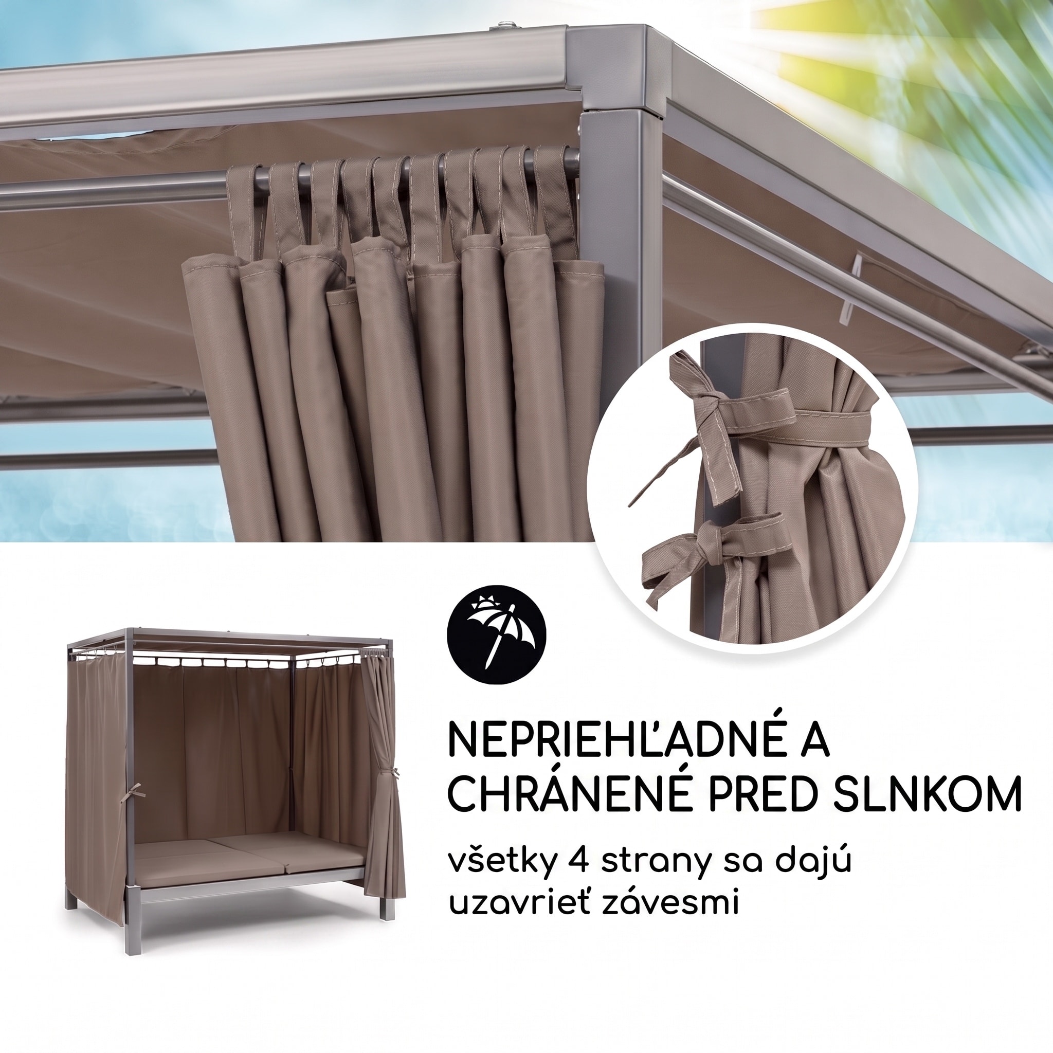 Blumfeldt Eremitage Double Sunbed, lehátko, pre 2 osoby, oceľový rám, slnečná strieška, závesy, taupe – Obrázok 4