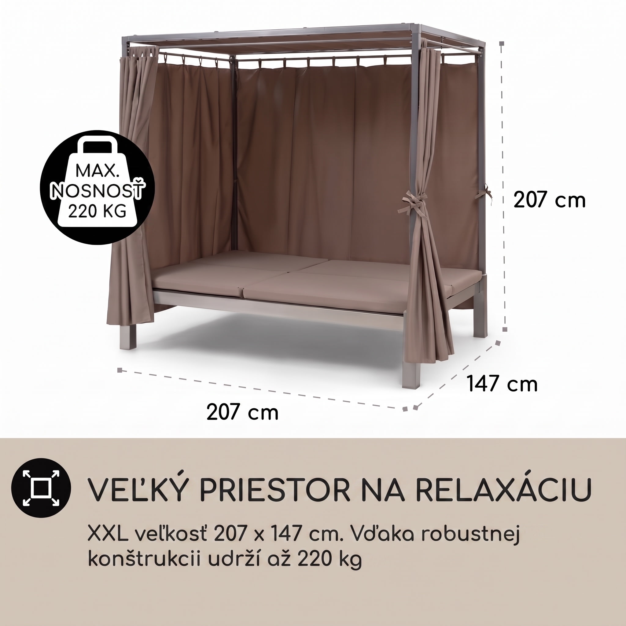 Blumfeldt Eremitage Double Sunbed, lehátko, pre 2 osoby, oceľový rám, slnečná strieška, závesy, taupe – Obrázok 5