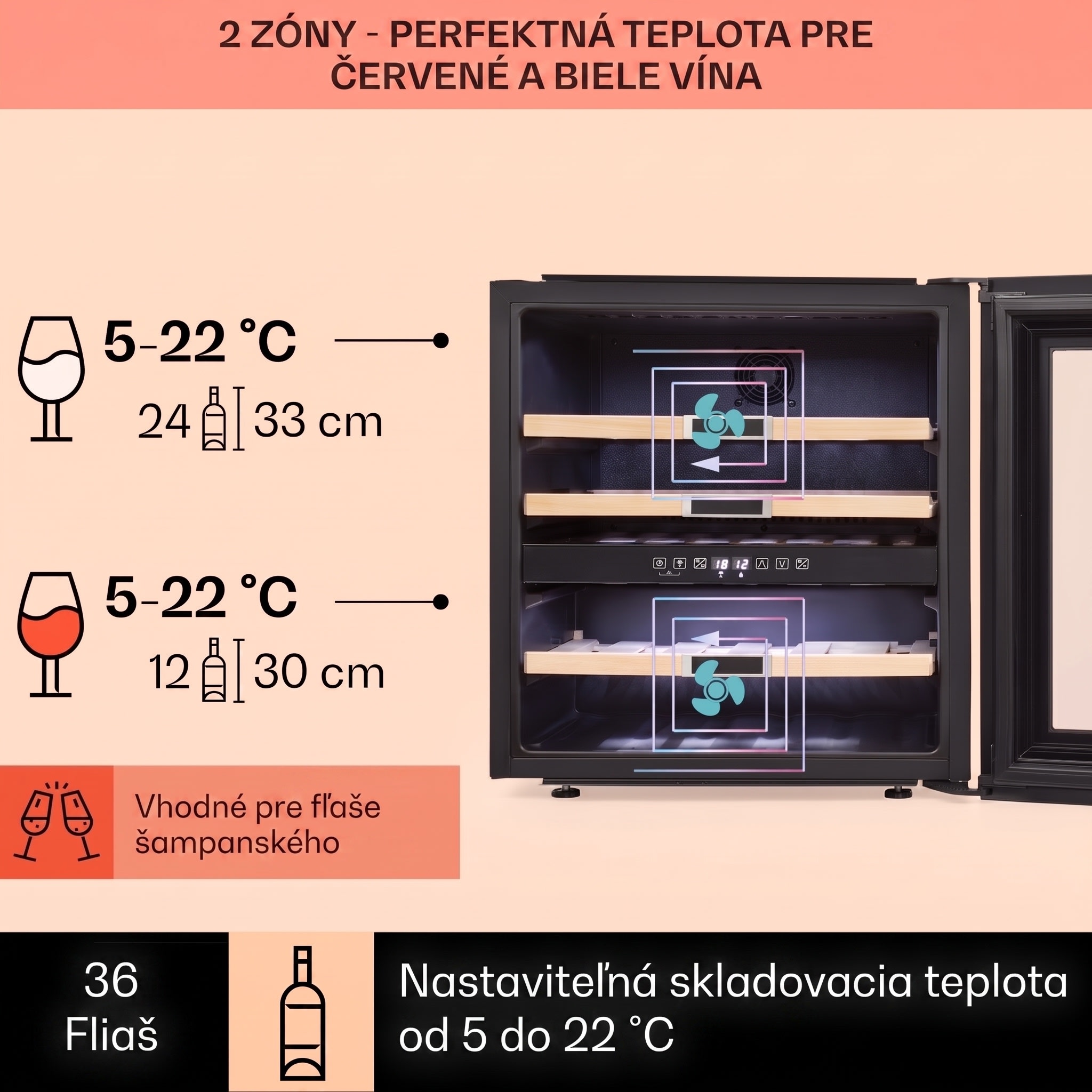 Klarstein Vinsider 36, vinotéka, 94 l, 5-22°C, 2 zóny, nehrdzavejúca oceľ – Obrázok 3