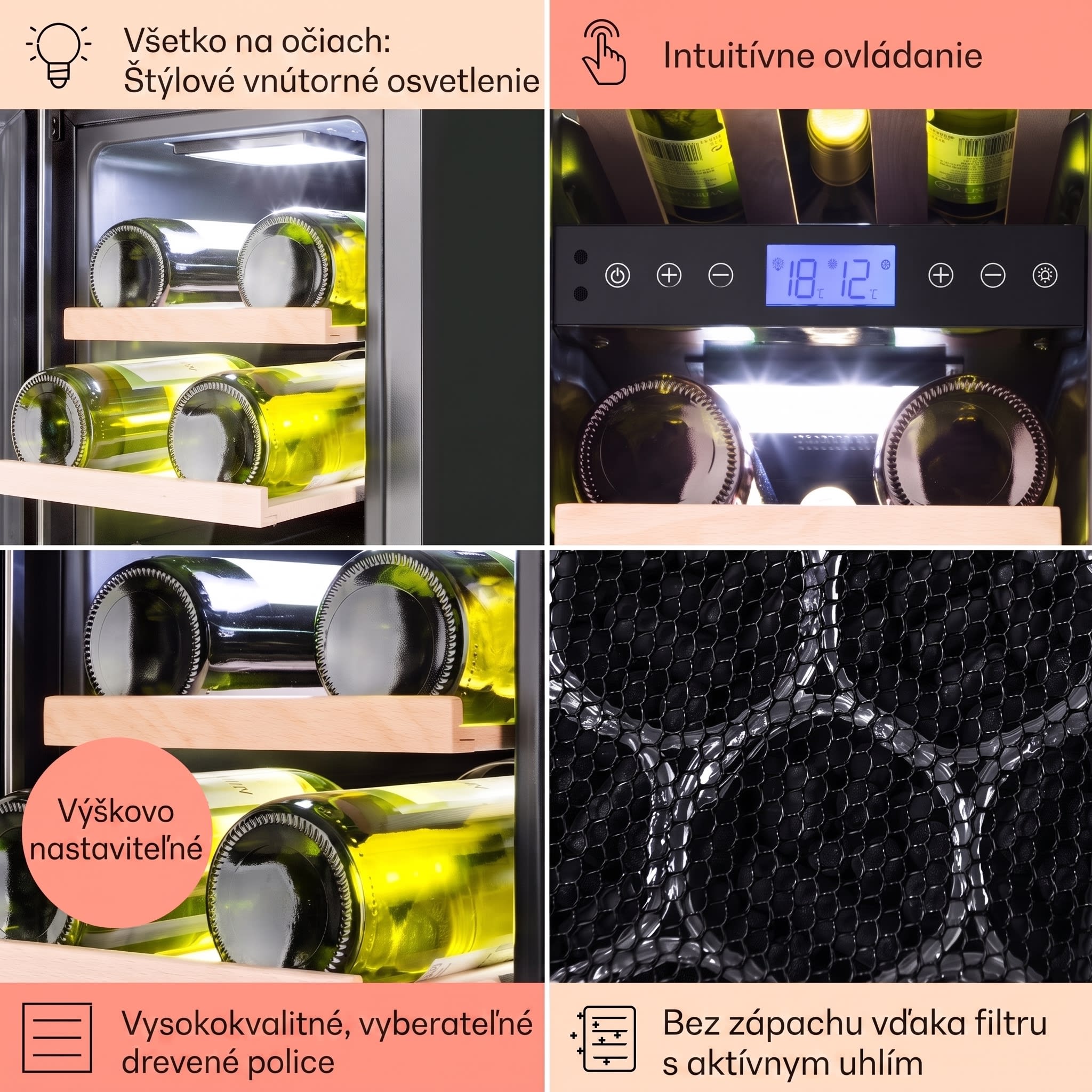 Klarstein Vinovilla 17 Built-in Duo Onyx Edition, dvojzónová vinotéka, 53 l, 17 fliaš, 3-farebné LED osvetlenie, sklenené dvere – Obrázok 5