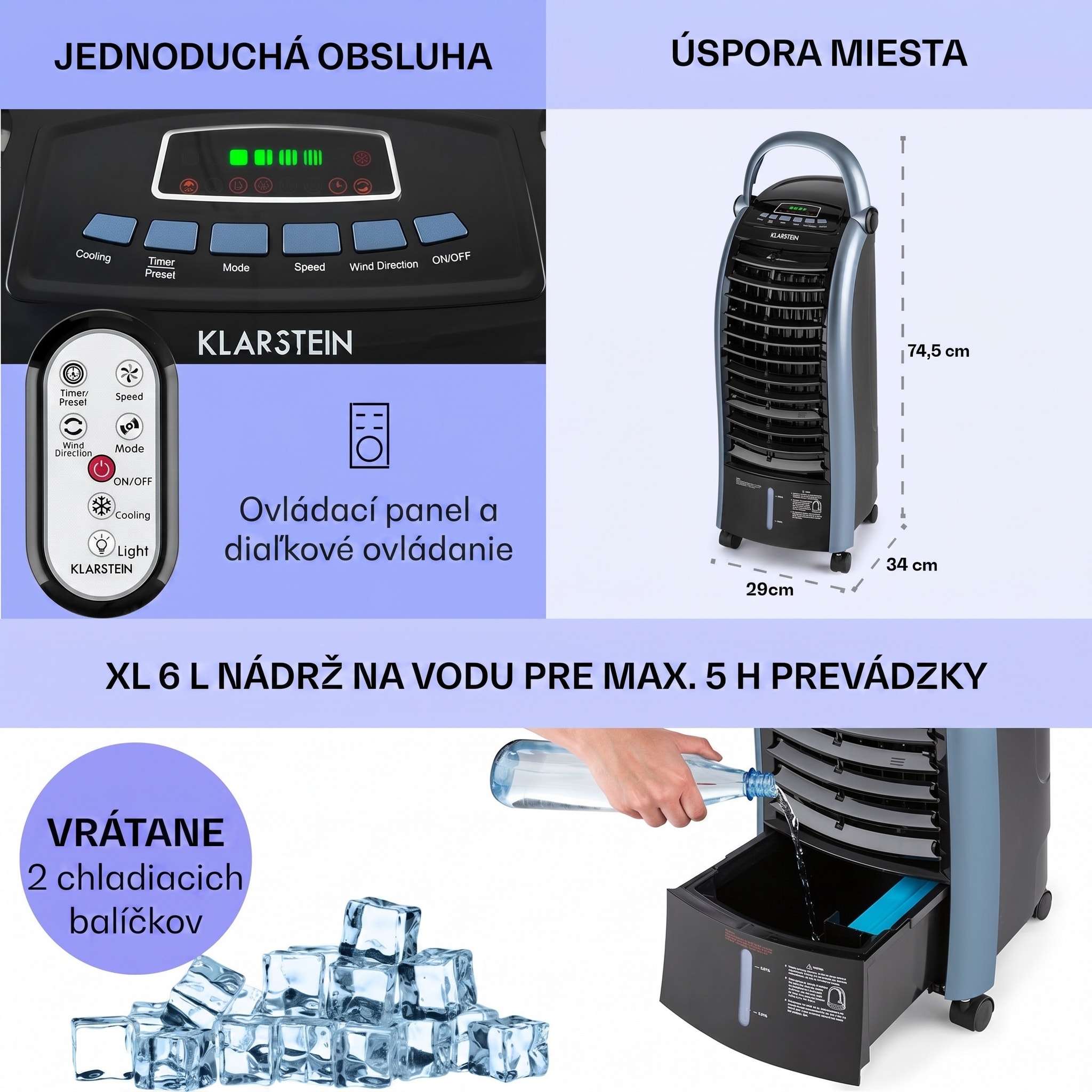 Klarstein Maxfresh, 3 v 1 ochladzovač vzduchu, ventilátor, 65 W, 6 l, diaľkový ovládač, 2 x chladiaci box – Obrázok 2