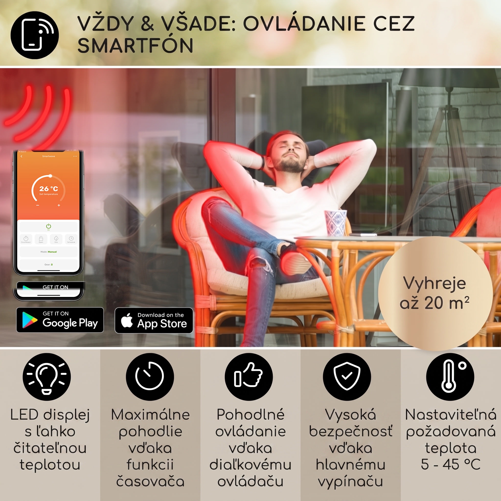 Blumfeldt Smartwave, infračervený ohrievač, 2400 W, WiFi, ovládanie cez aplikáciu, čierny – Obrázok 3